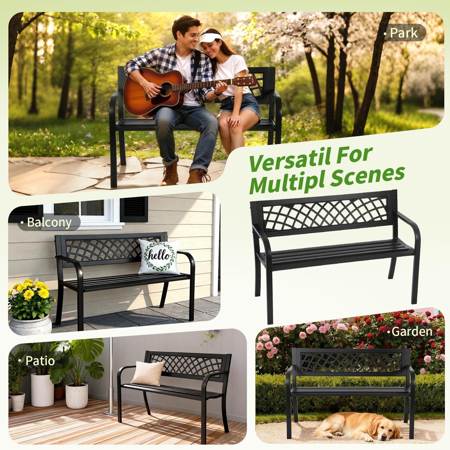 Outdoor Garden Bench – Iron Steel Frame Patio Seating with Mesh Pattern & Armres