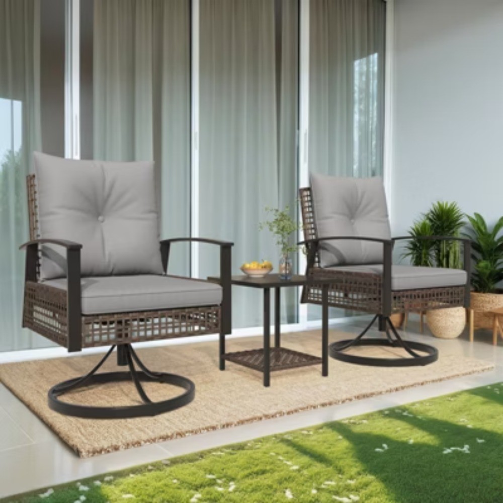 HOMMOW 3-PC Patio Bistro Set, Outdoor Swivel Rocker Rattan Chairs & Side Table