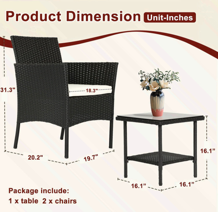 FDW 3pc Wicker Patio Furniture Set Rattan Chairs Coffee Table
