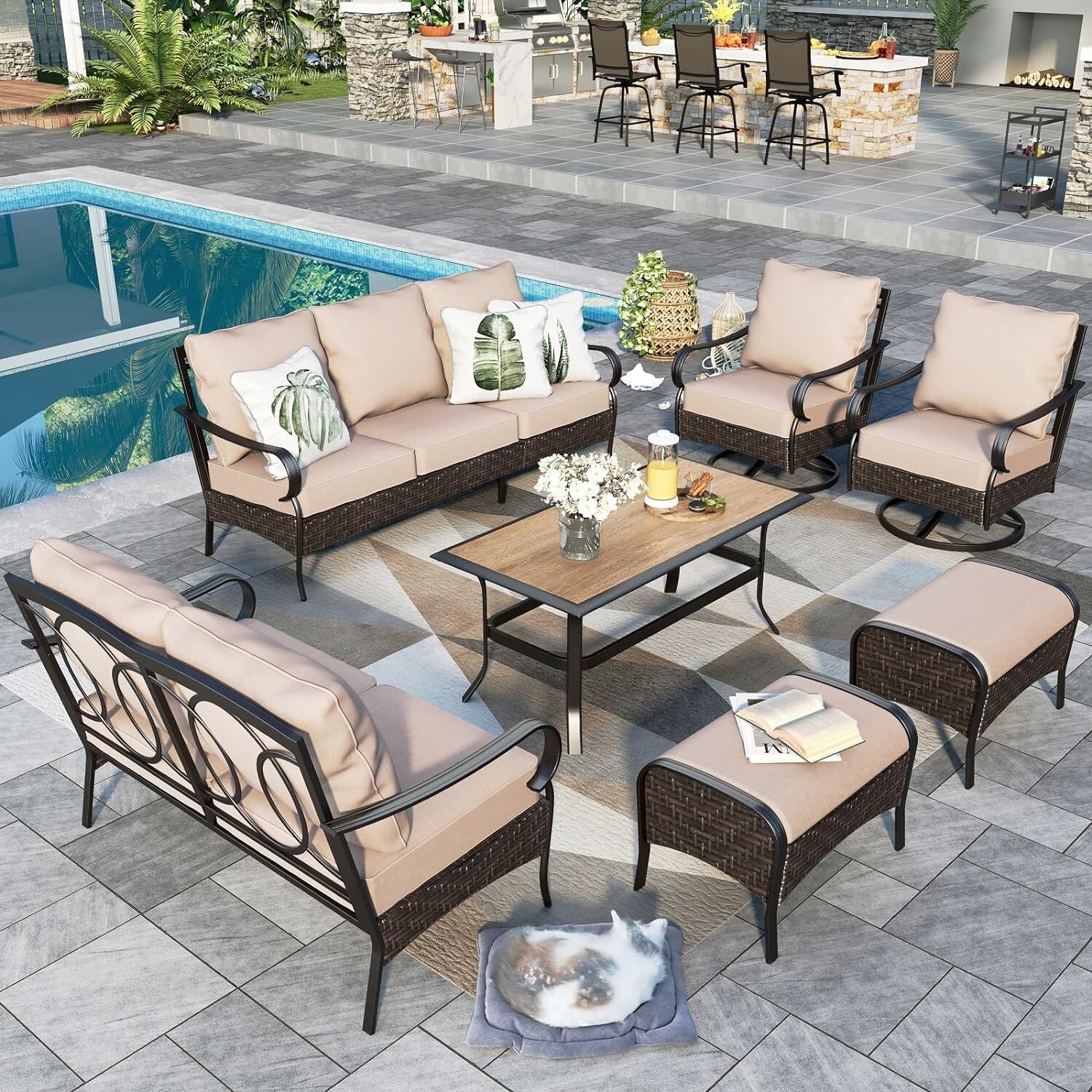 7 Pcs Outdoor Patio Furniture Set Metal Rattan Sectional Conversation Sofa Set
