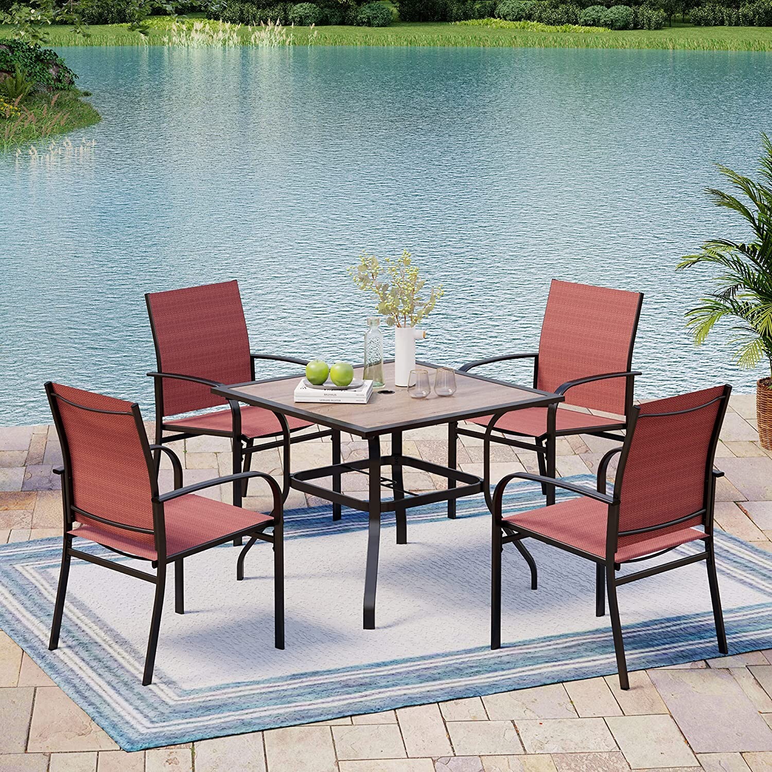5 Pieces Outdoor Patio Dining Set Wood-like Table with Umbrella Hole 4 Chairs