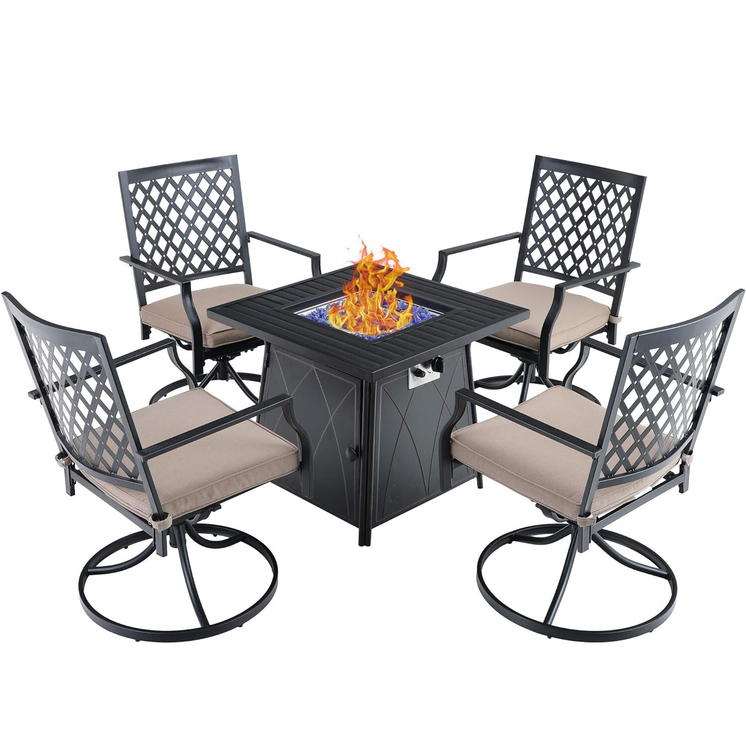 28″ Gas Fire Pit Table Set Outdoor Dining Set 4 Swivel Patio Chairs W/ Cushion