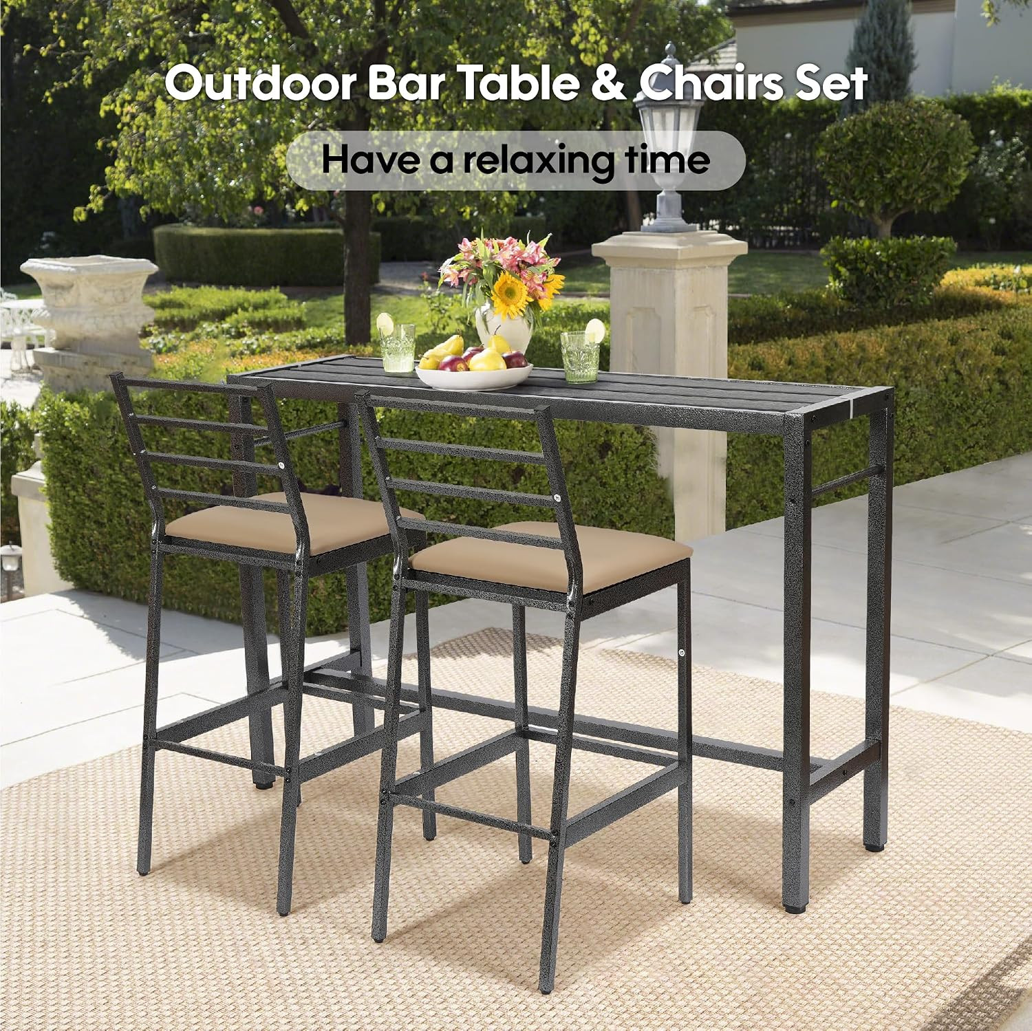 3Pcs Outdoor Patio Bar Set with Cover, 55″ Rectangular Pub Height High Top Bar T