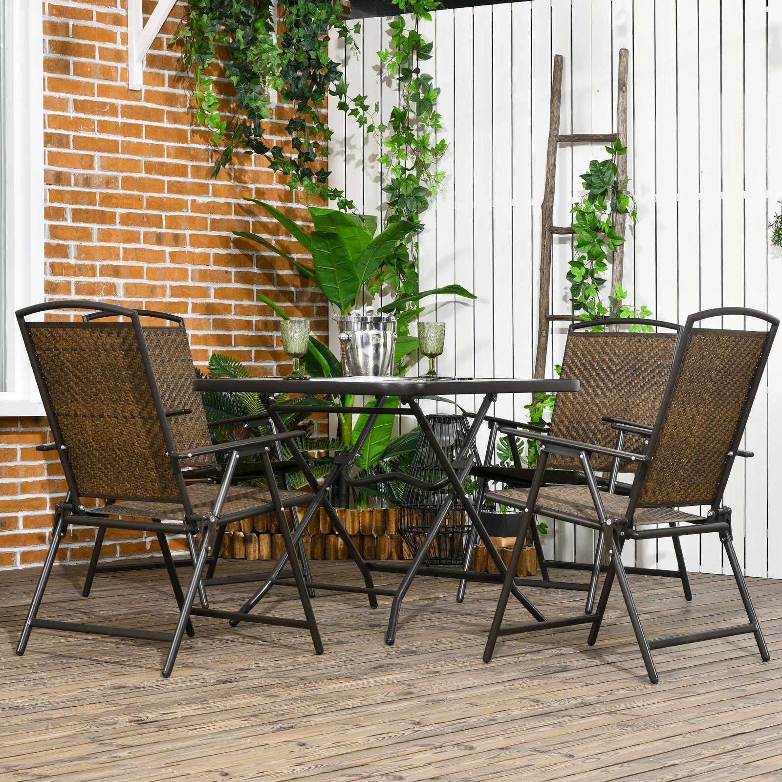 Wicker Patio Dining Set: 1 Table + 4 Chairs, Steel Frame, PE Rattan, Dark Brown