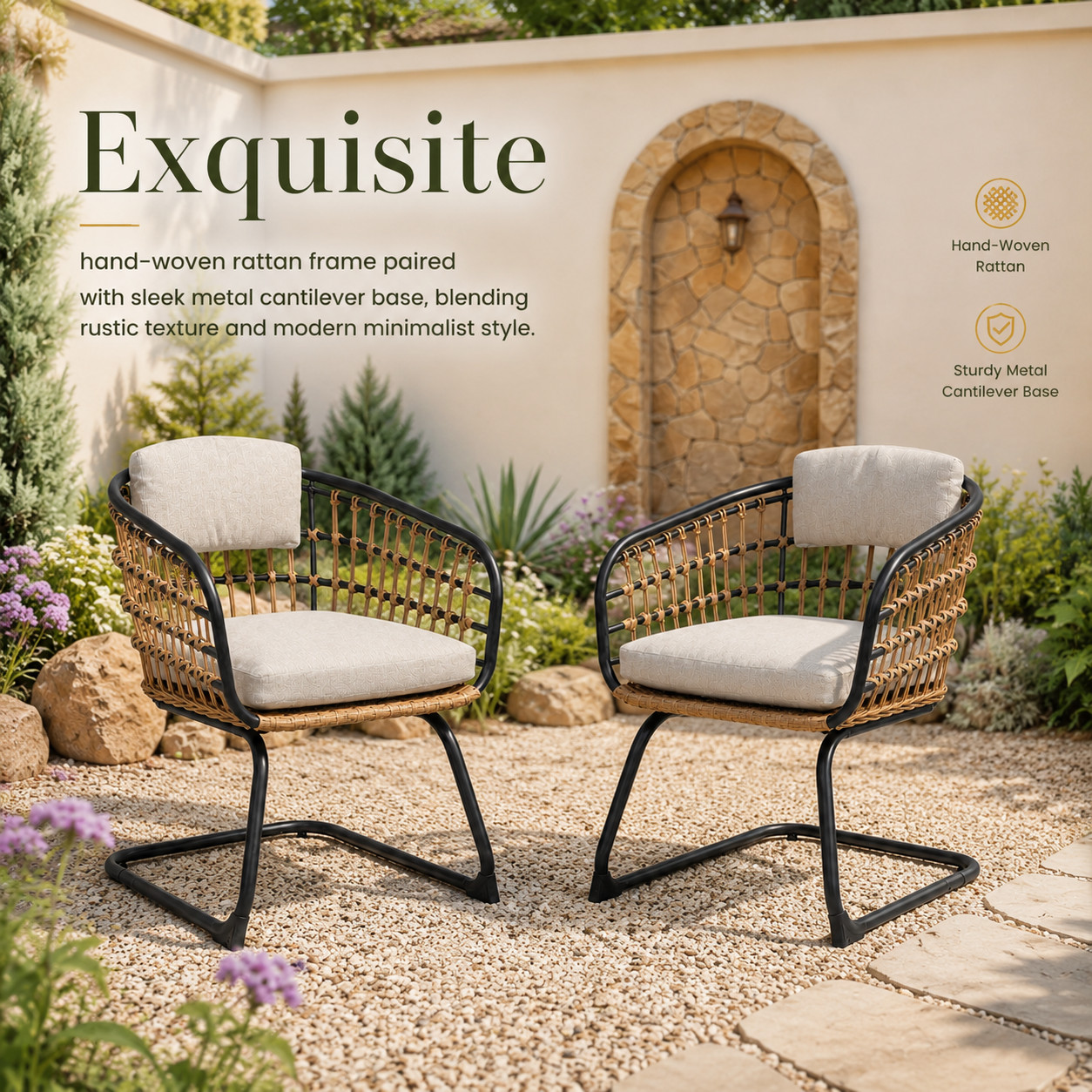 Wicker Dining Chair Set of 2, Beige, Steel Frame, Patio & Garden