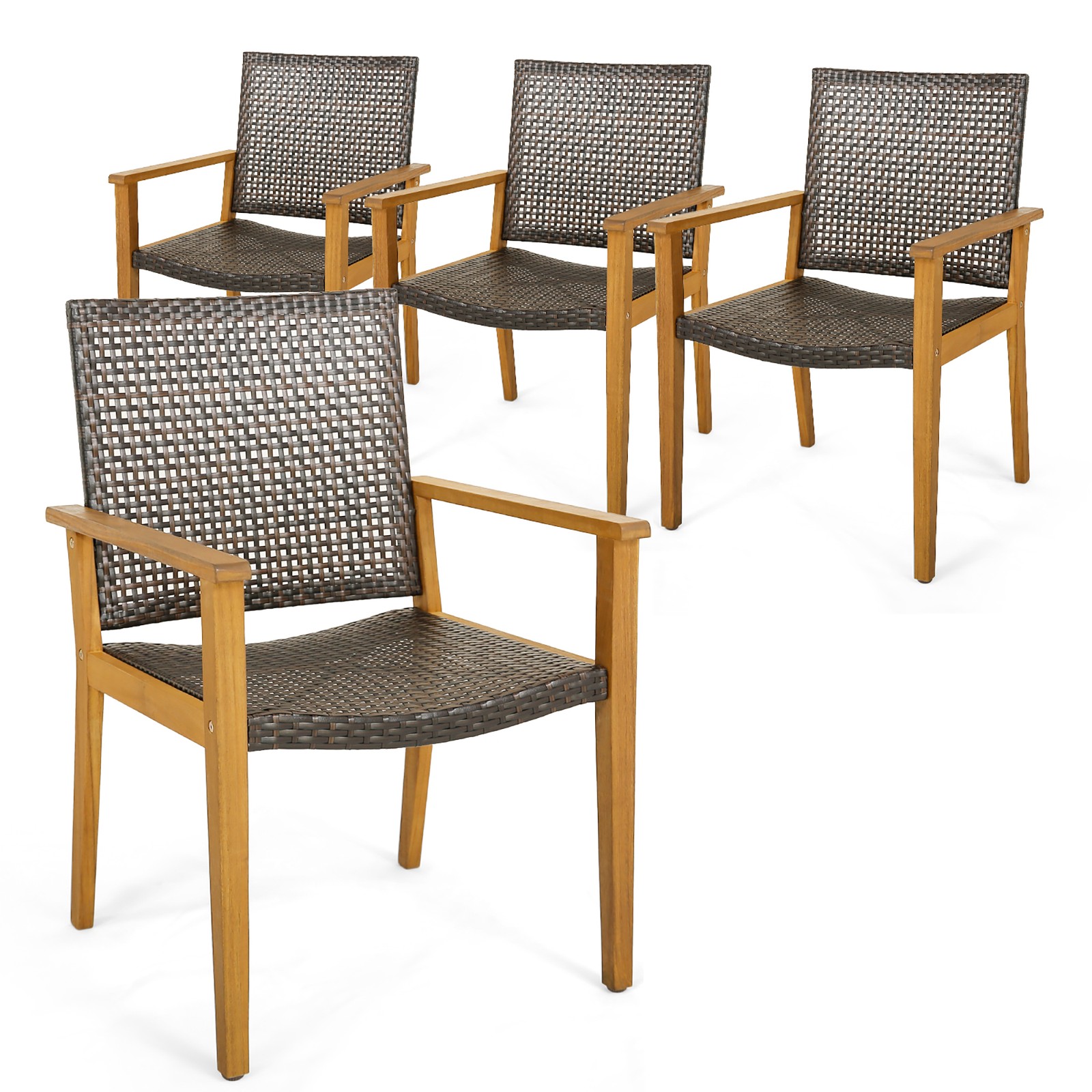 Rattan Chair Set of 4 Patio PE Wicker Dining Chairs w/Sturdy Acacia Wood Frame