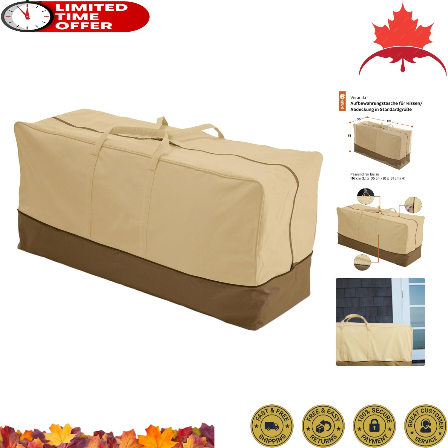 Weather-Resistant Patio Cushion Storage Bag – Zippered Closure, Carrying Handles