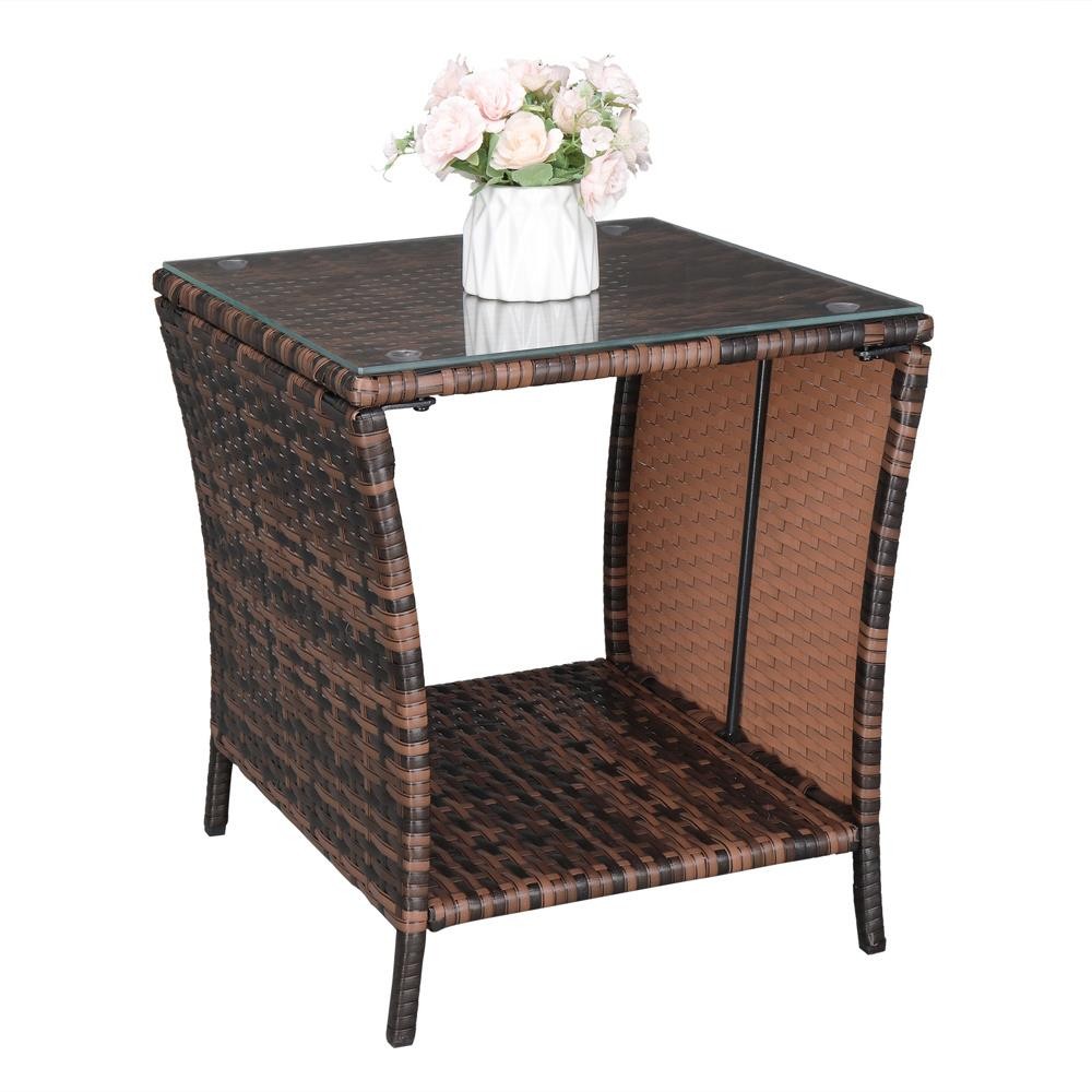 Wicker Rattan Side Tea Table with Glass Patio Furniture Outdoor Storage Tables