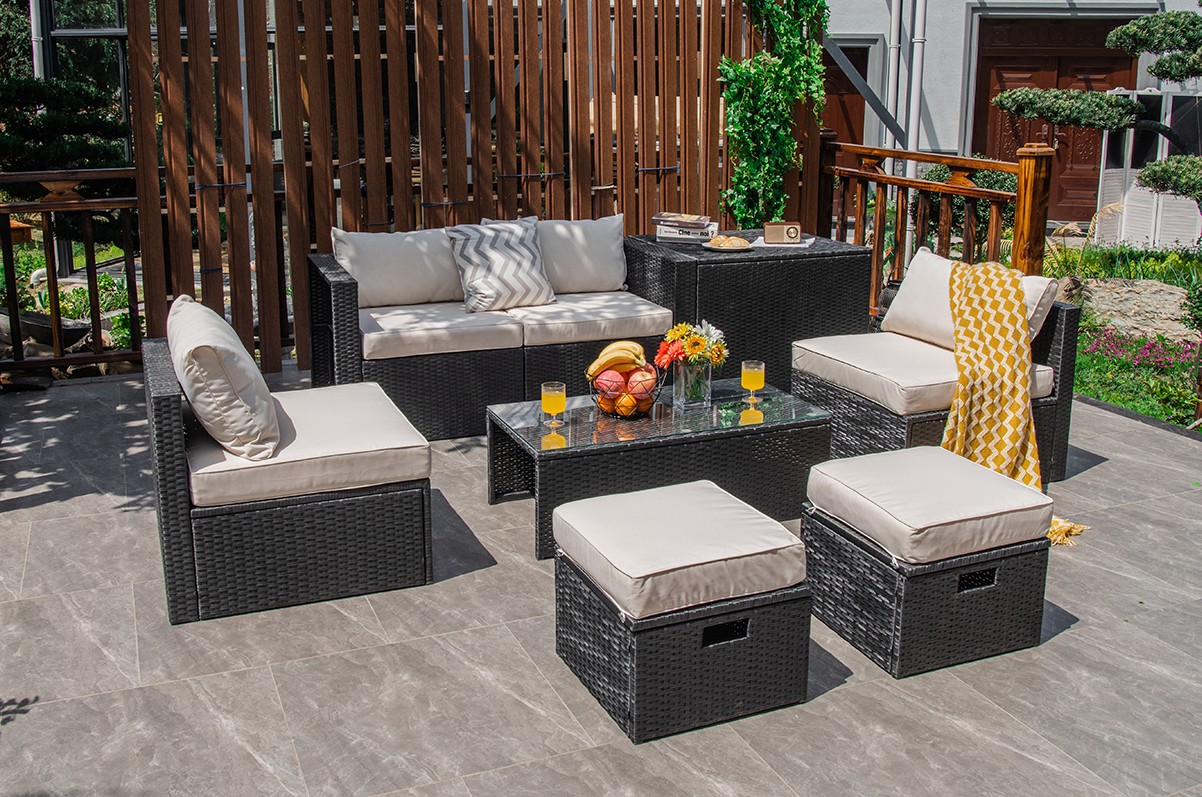 Patiojoy Patio 8PCS Rattan Furniture Set Storage Table Ottoman Off White