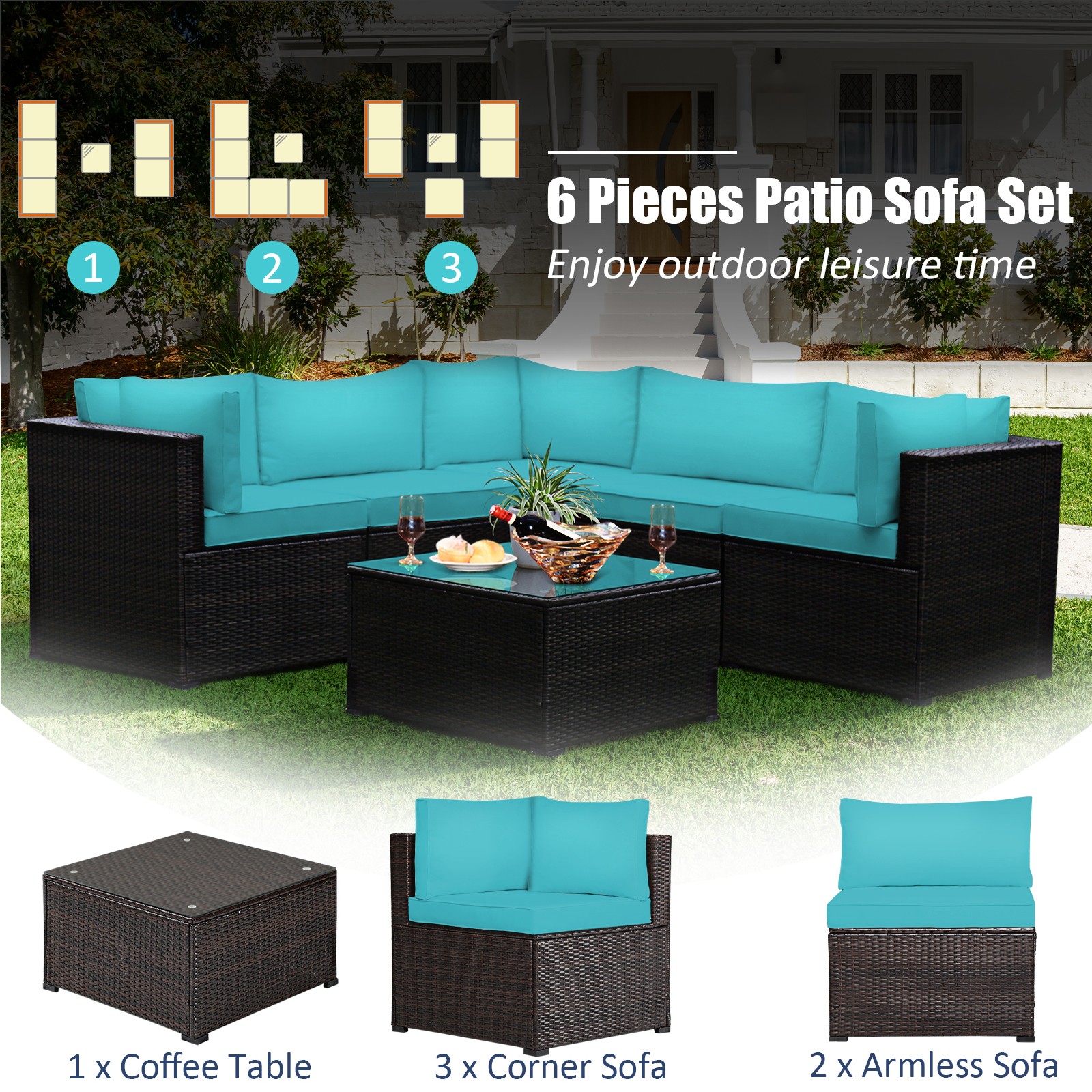Patiojoy Patio Rattan Furniture Set 6PCS Sectional Cushioned Sofa Deck Turquoise