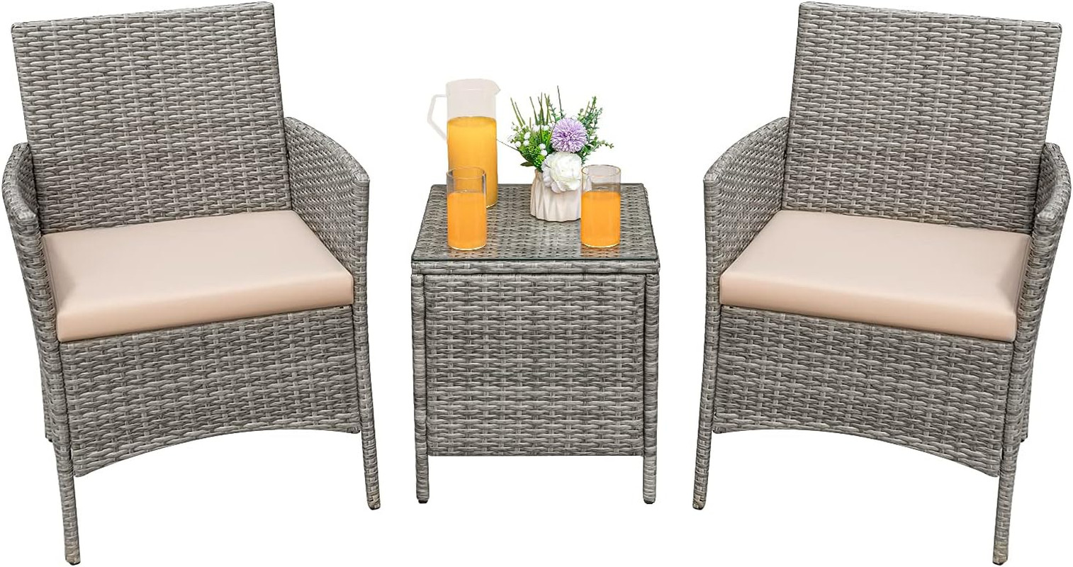 Stylish 3-Piece Outdoor Rattan Furniture Set with Cushions & Glass Table