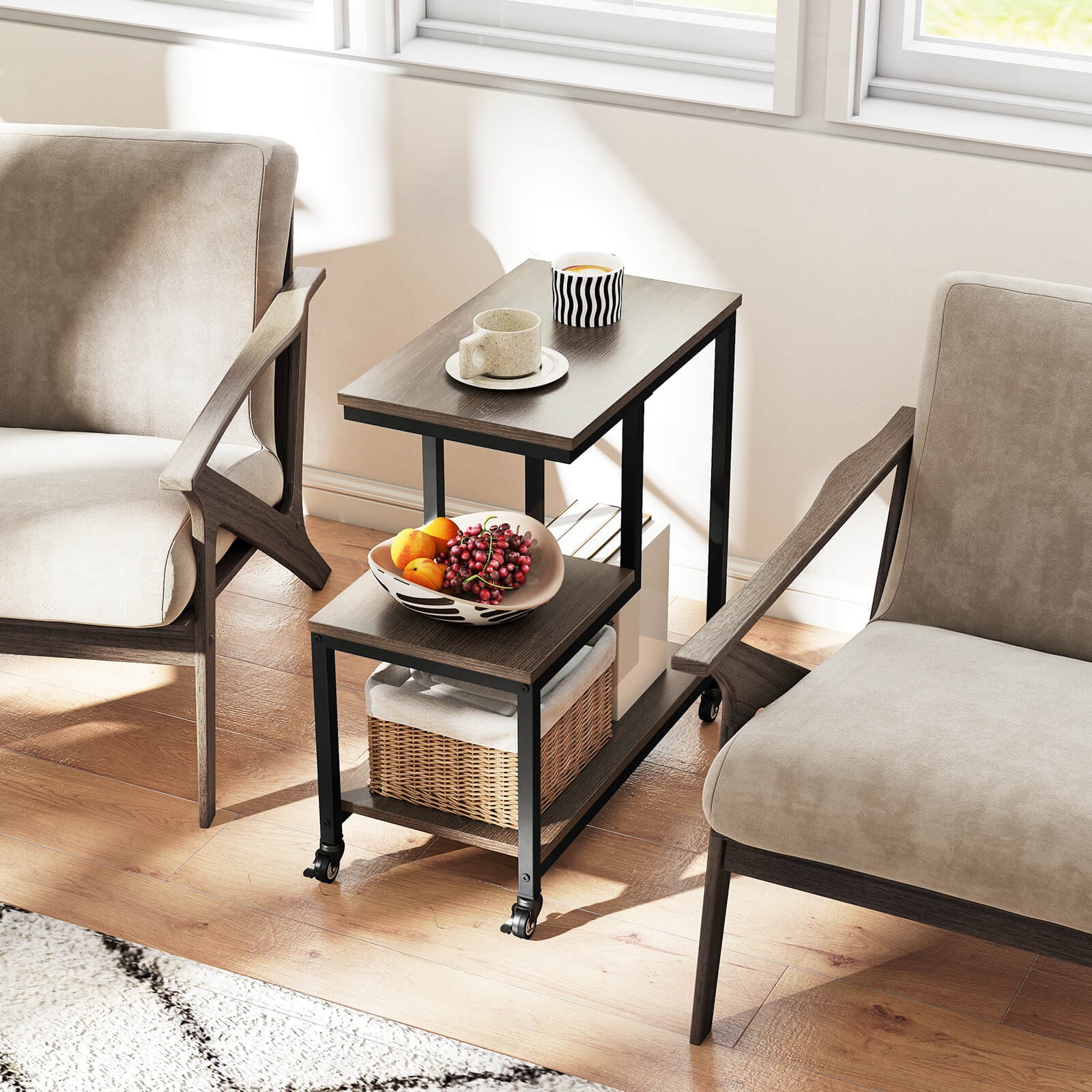 2 PCS Modern G-Shaped End Table Home 3-Tier Side Table w/ Storage Shelves