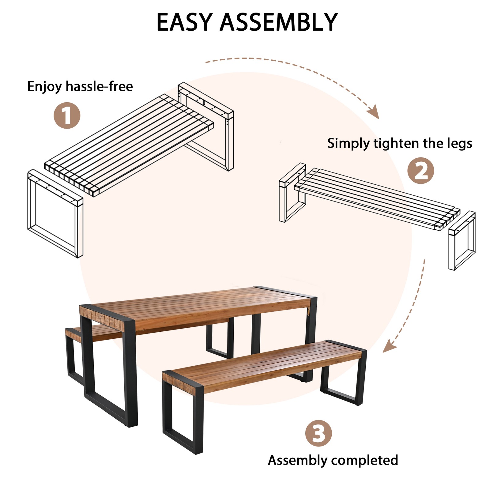 3-Piece Outdoor Dining Table Set with 2 Benches, Acacia Wood Top & Steel Frame