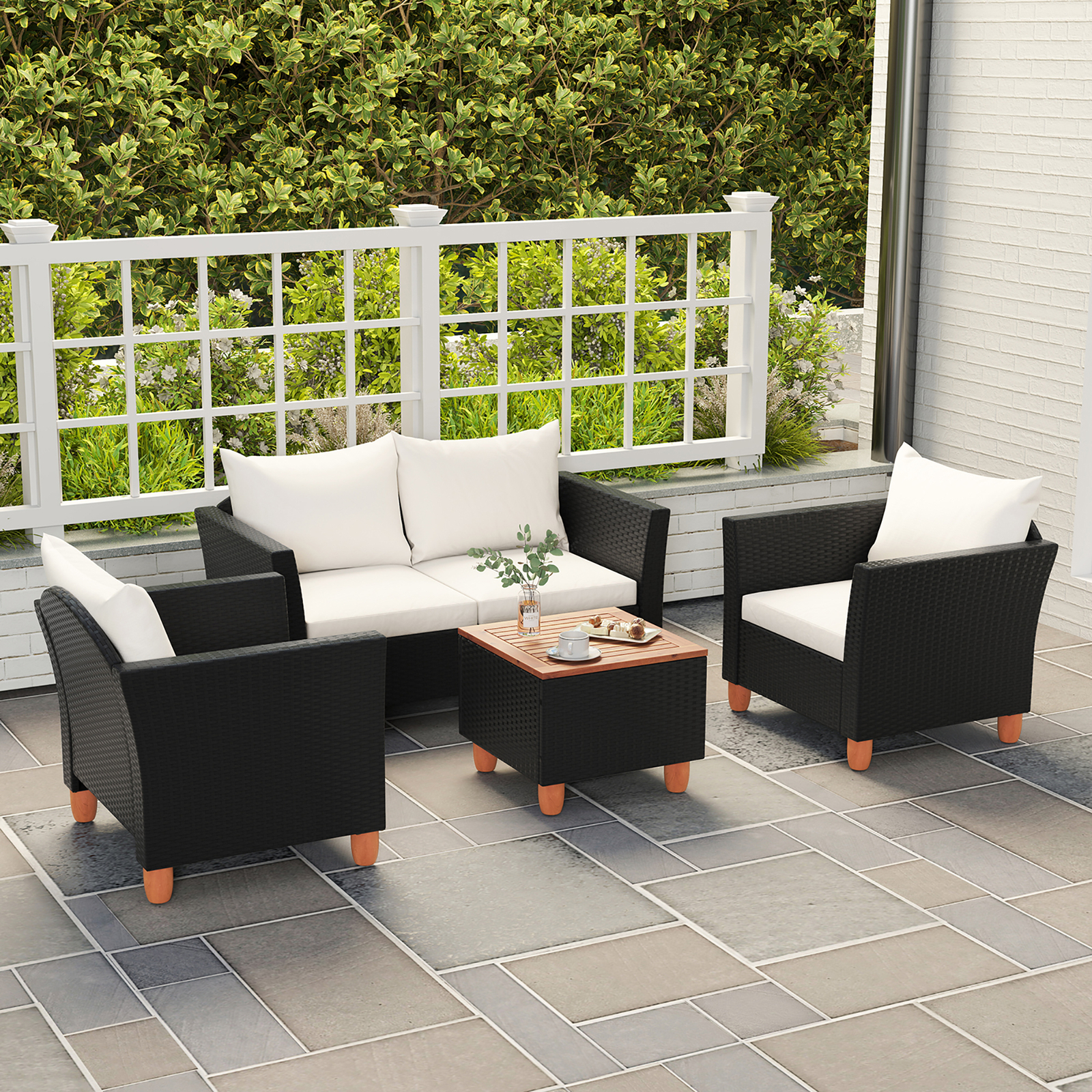 4 Piece Outdoor Conversation Set Patio Cushioned Chairs w/ Storage Coffee Table