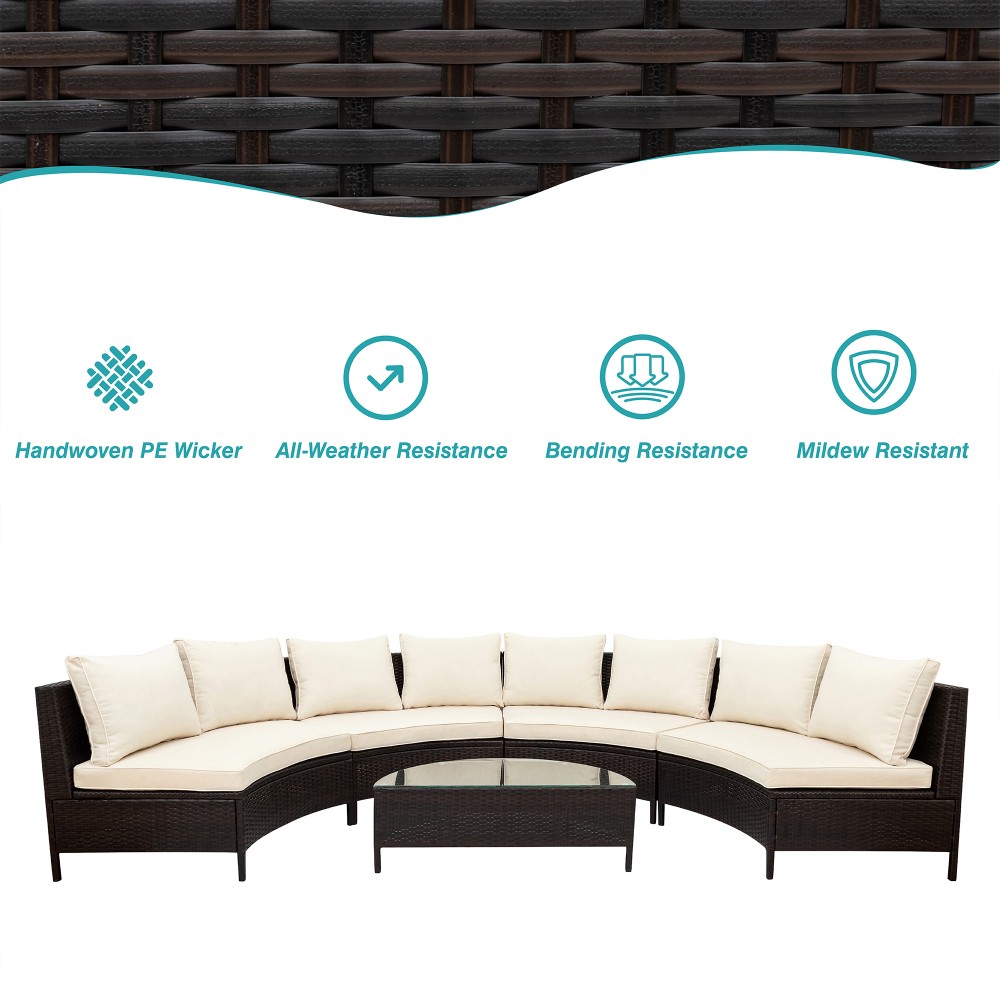 5-Piece All-Weather PE Rattan Patio Sectional Sofa Set with Glass Table