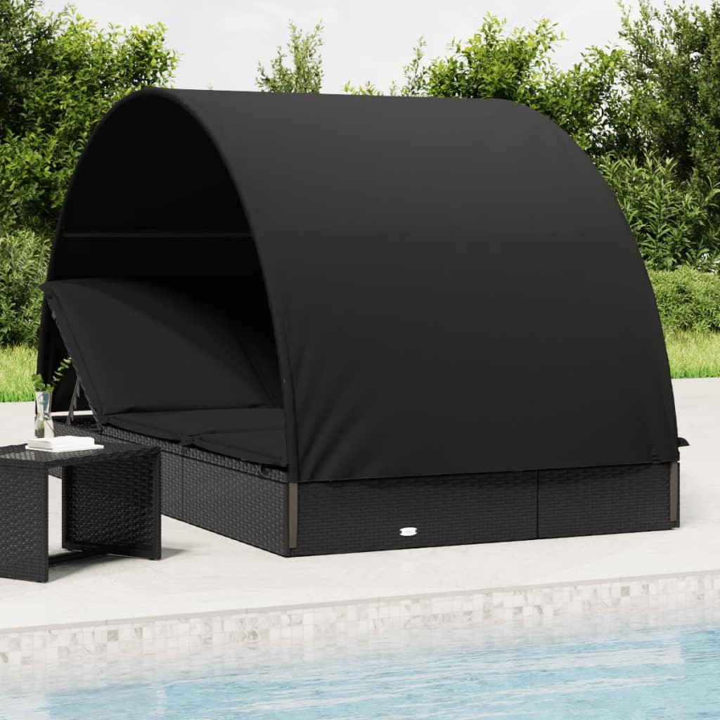 Sunbed Black PE rattan, powder-coated steel, fabric (100% polyester)