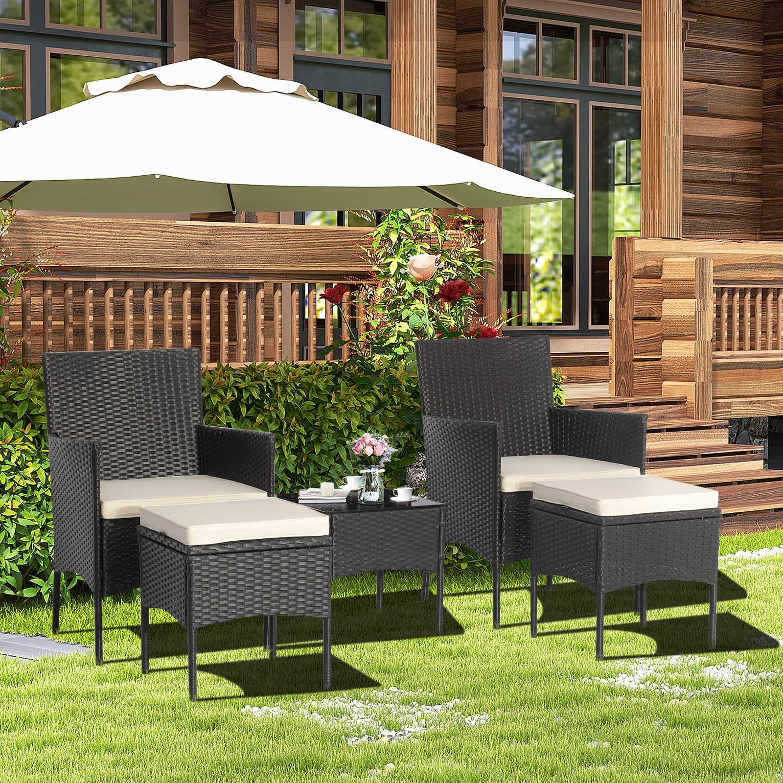 Patio 5PCS Rattan Furniture Set Cushioned Sofa Ottoman Armrest Side Table Garden