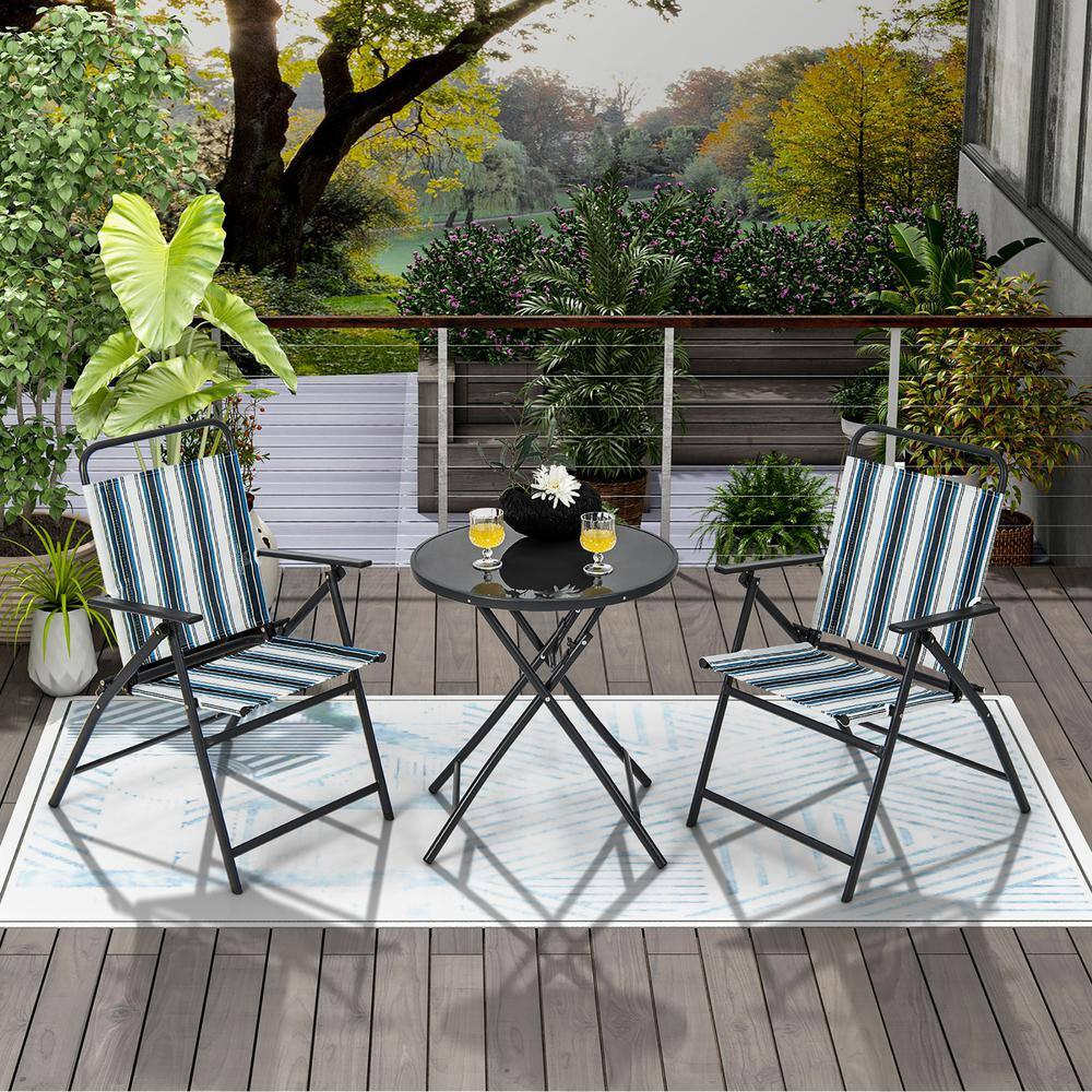 3-Piece Metal Folding Chair Set with 2 Chairs and Glass round Coffee Table Porch