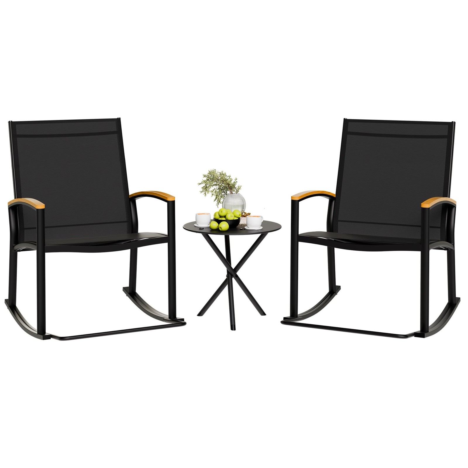 Best Shintenchi 3 Piece Outdoor Rocking Bistro Set, Textilene Fabric Small Patio