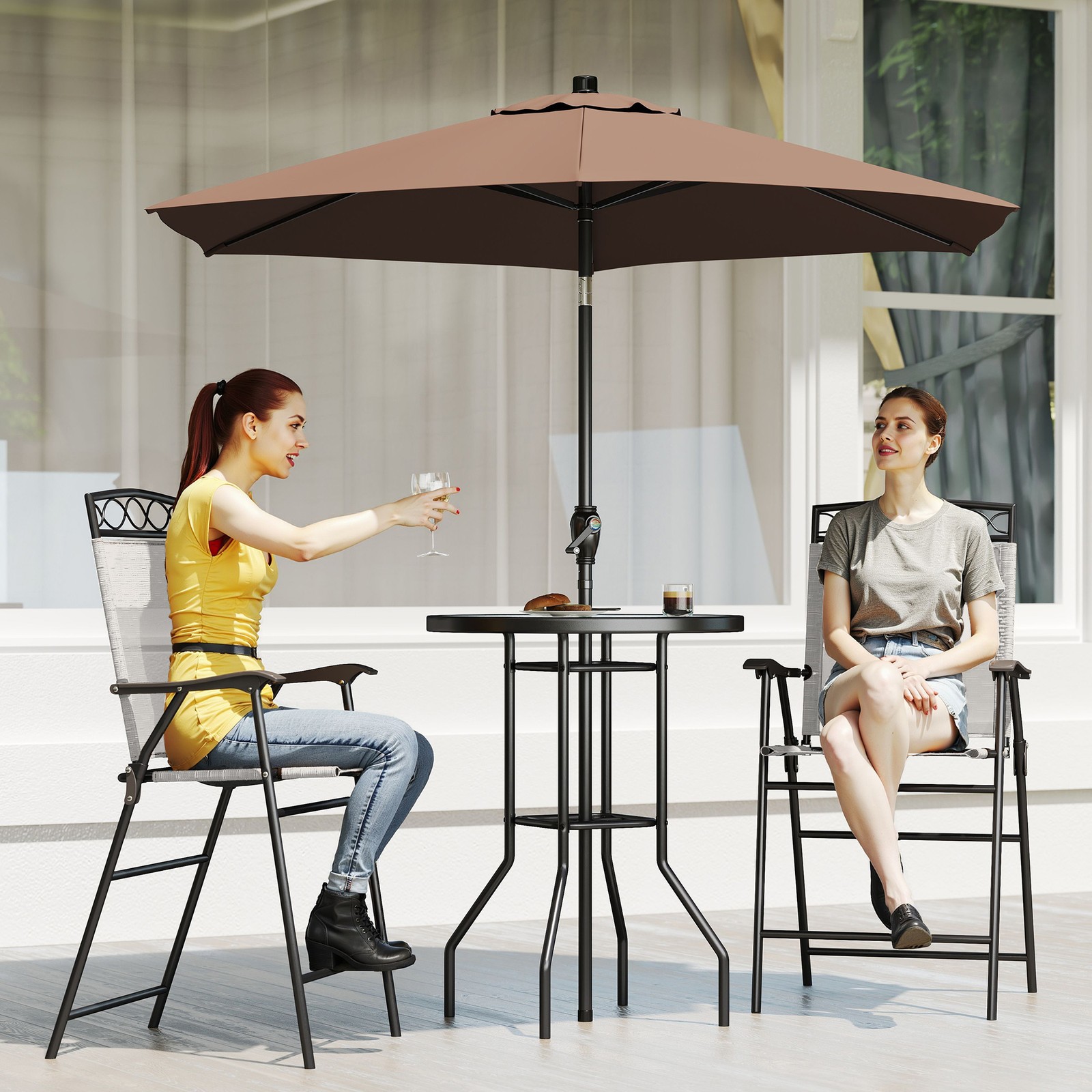 4pc Outdoor Patio Dining Set Furniture, 2 Folding Chairs, Table, Umbrella, Beige