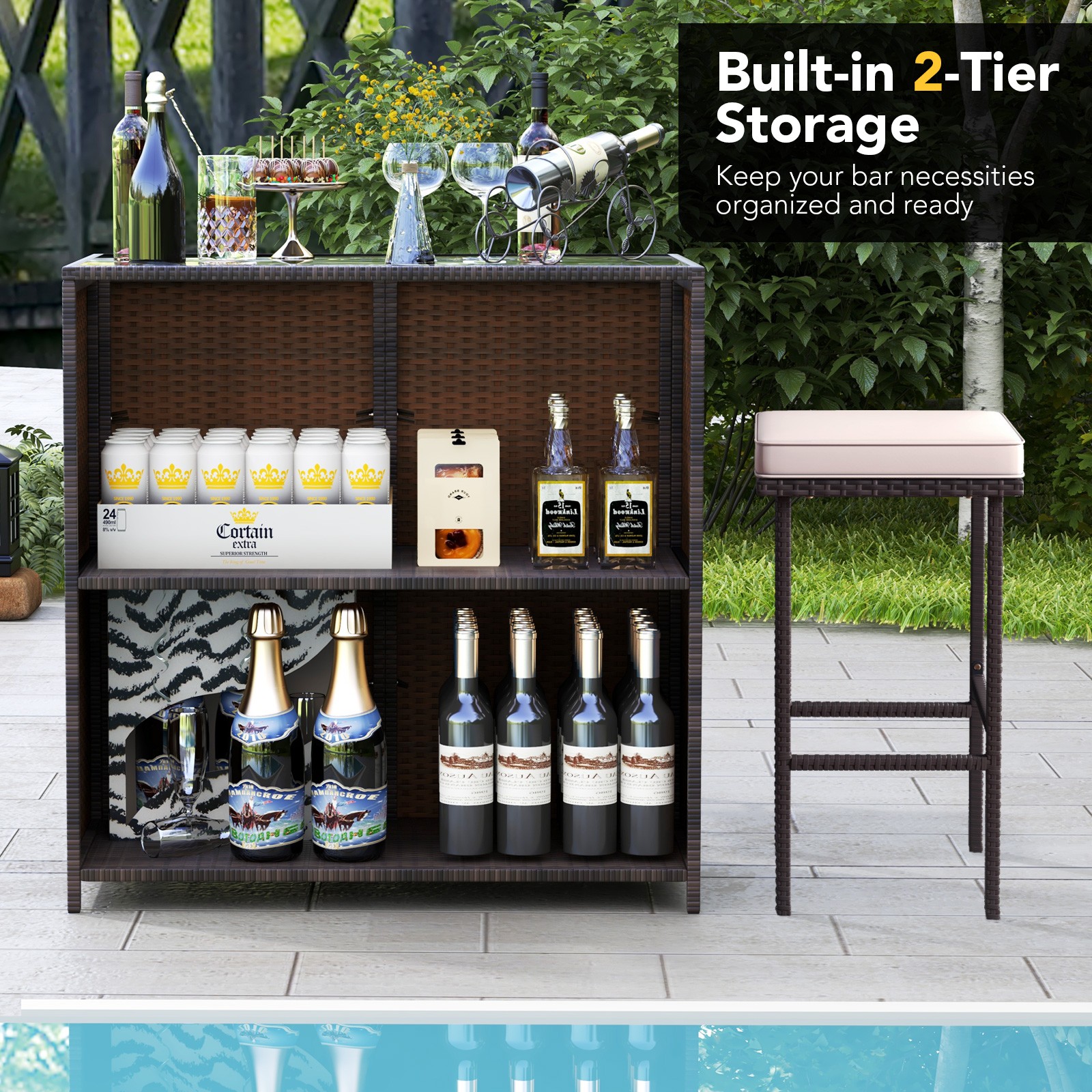 3 PCS Patio Bar Set w/ Tempered Glass Tabletop 2-Tier Storage Removable Cushions