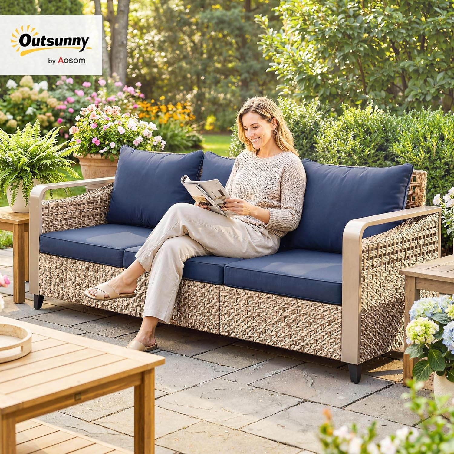 Outdoor Patio Couch with Wide and Deep Seat, 3 Seater Wicker Outdoor Sofa with W