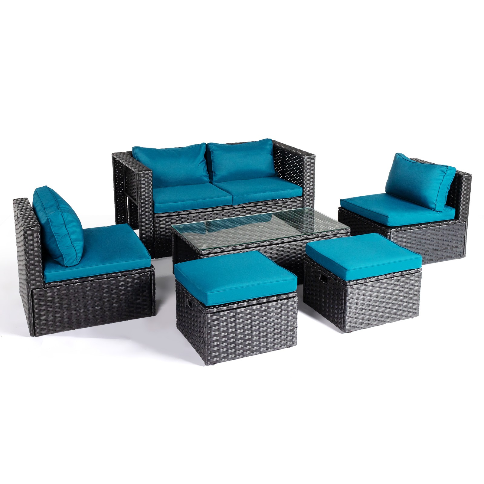 6 Piece Outdoor Patio Rattan Sectional Furniture Chair Set with Table, Footstool
