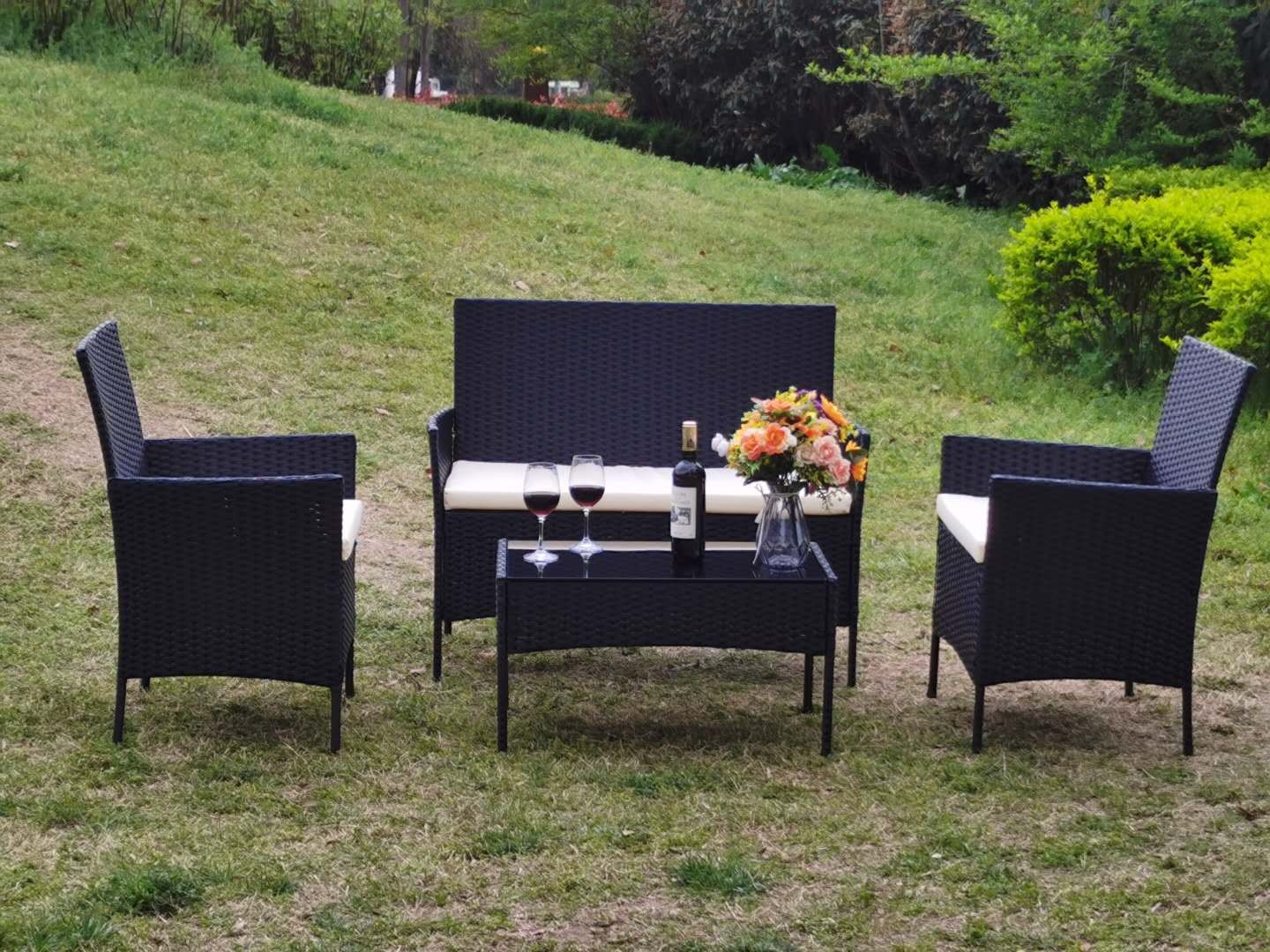 Versatile 4Pcs Patio Furniture Set Wicker Rattan 2 Chairs Loveseat Coffee Table