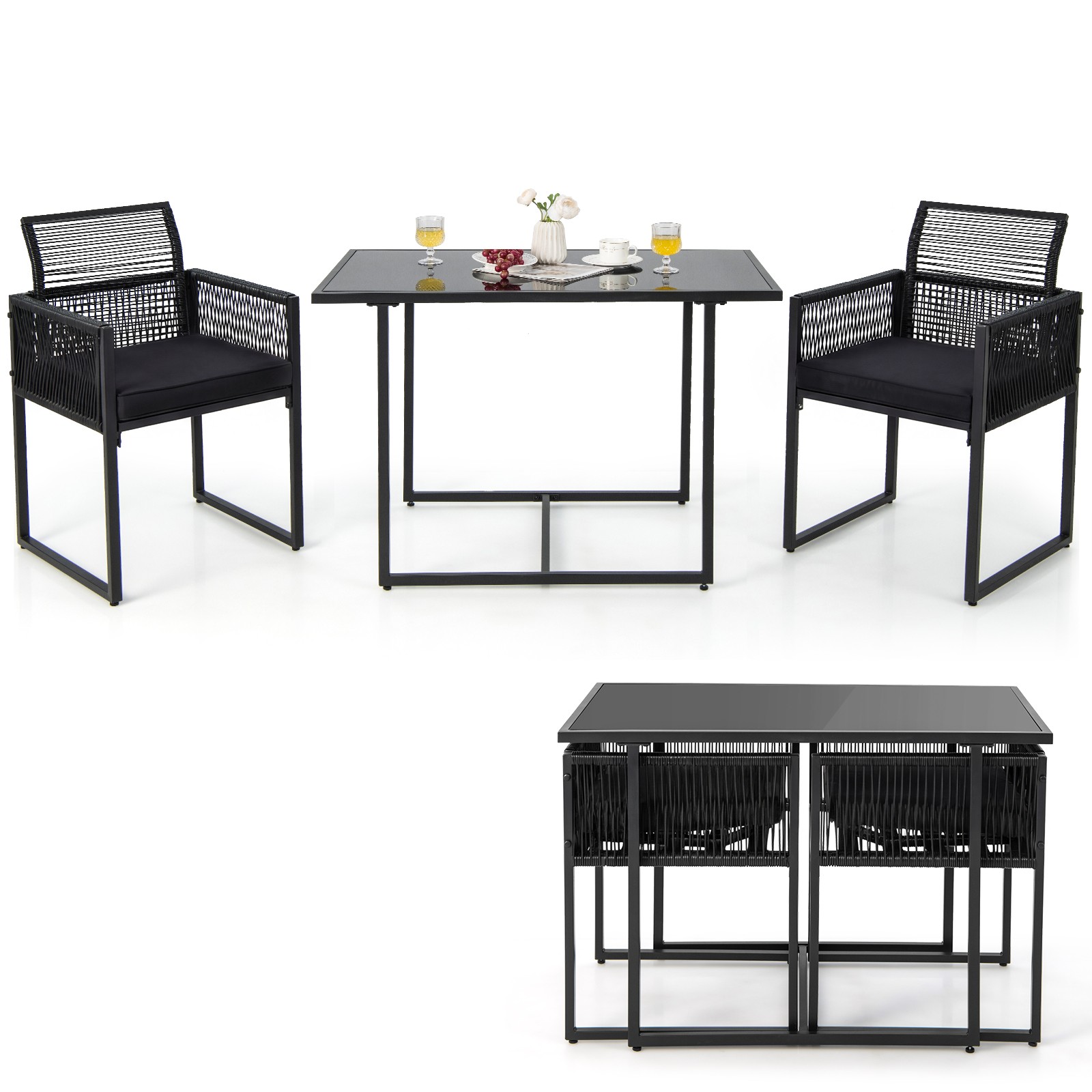 3PCS Patio PE Wicker Furniture Set Cushioned Chairs W/Folding Backrest Backyard