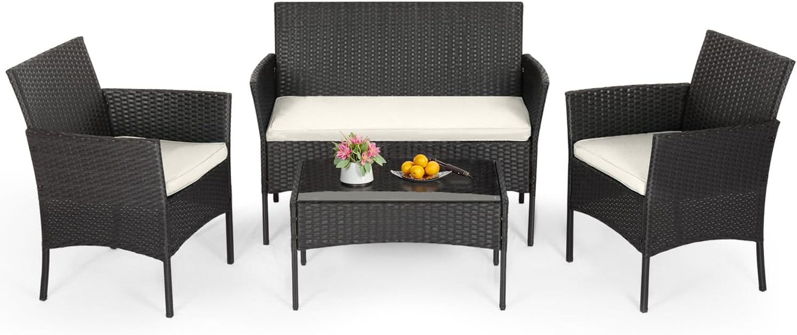 FDW | 4-Piece Patio Furniture Set | Black | Outdoor Wicker Furniture with Coffee