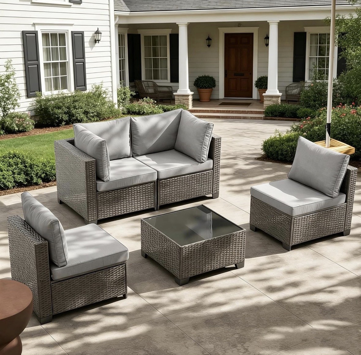 Mochito Rattan/Wicker Seven-Piece Sofa Set, Gray Cushions, Coffee Table