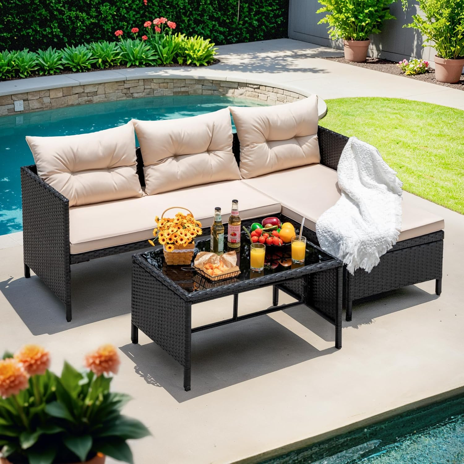 Beige 3-Piece Waterproof Rattan Outdoor Sectional Sofa with Glass Table