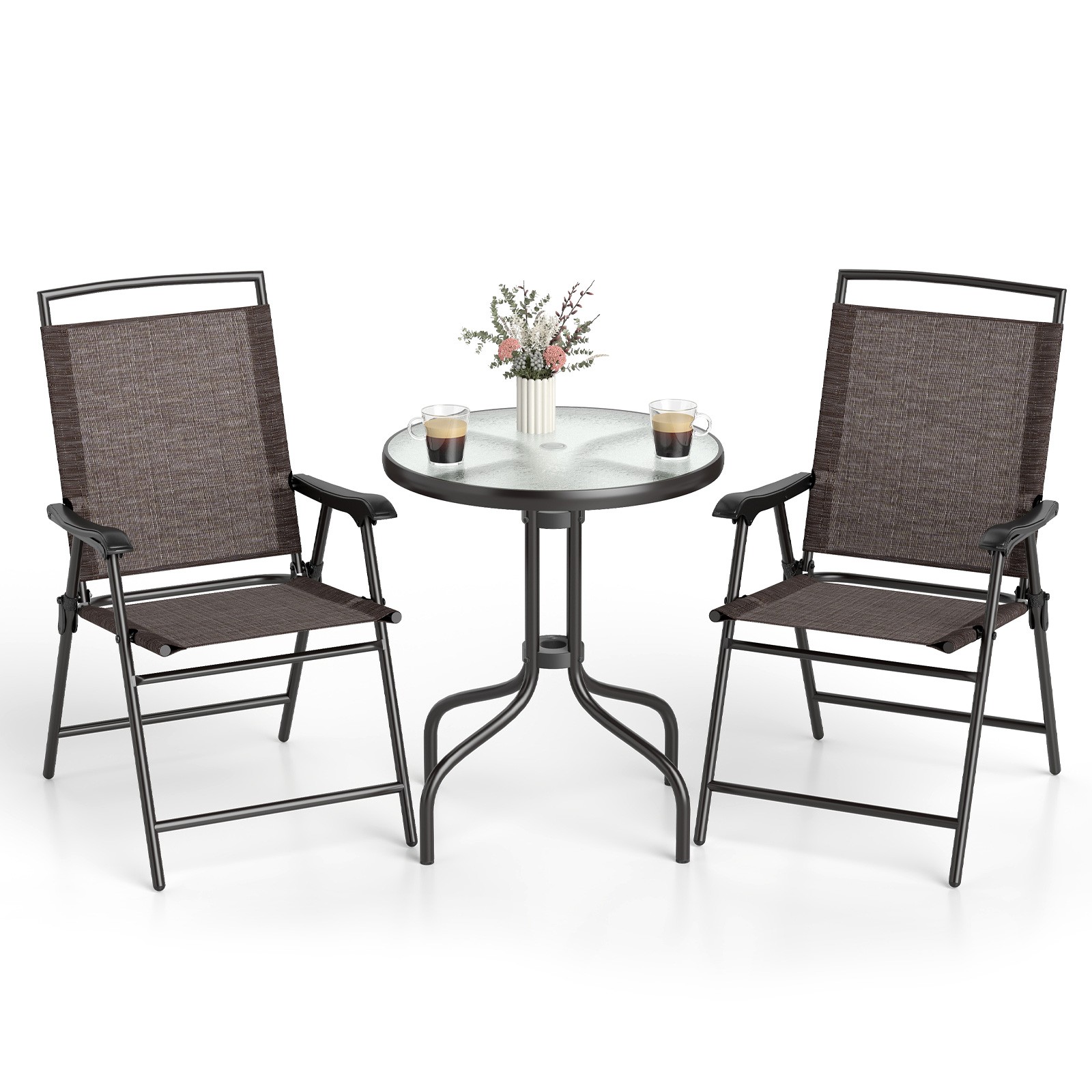 Topbuy 3 PCS Furniture Set Patio Garden Courtyard Table Folding Chairs Glass