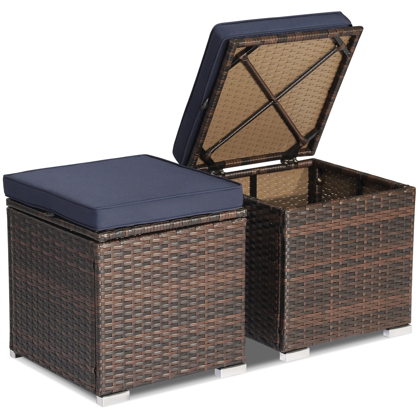 2PCS Patio Rattan Ottomans Seat Side Table Storage Box Footstool W/Cushions Navy