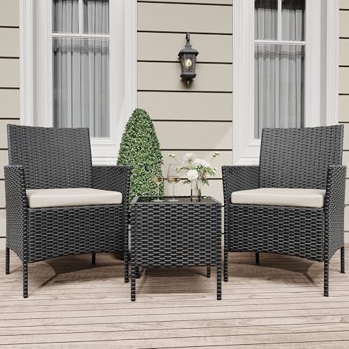 3 Piece Patio Furniture Set, Rattan Outdoor Furniture 3 Pieces Black and Beige