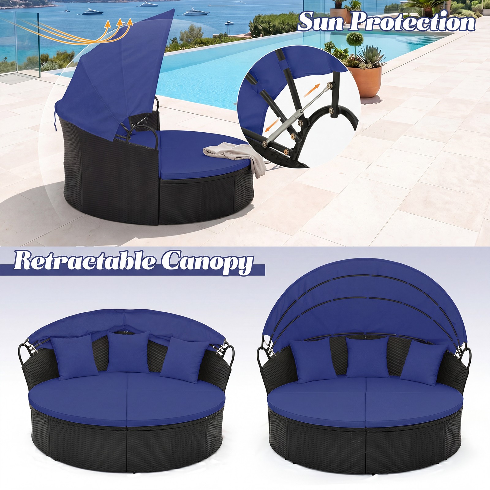 Outdoor Patio Round Daybed w/Retractable Canopy Cushions Throw Pillows for Lawn