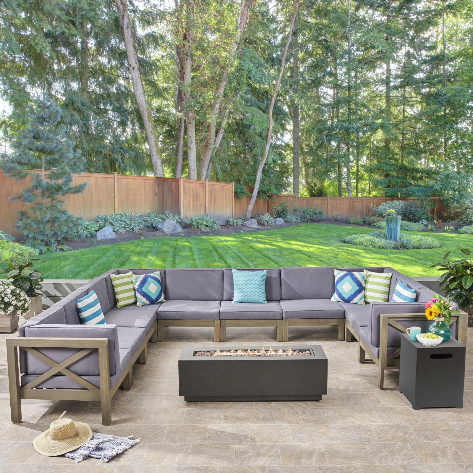Lorelei Outdoor Sectional Sofa Set with Fire Pit 12-Piece 10-Seater Acacia Wood