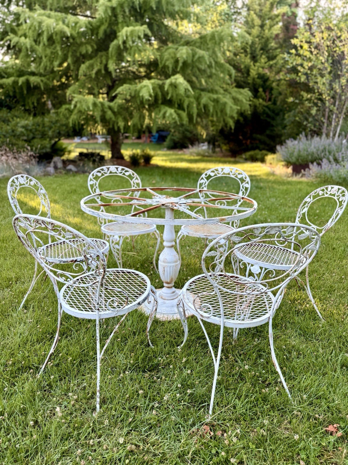Vintage Woodard Chantilly Rose Wrought Iron Patio Dining Set Table + 6 Chairs