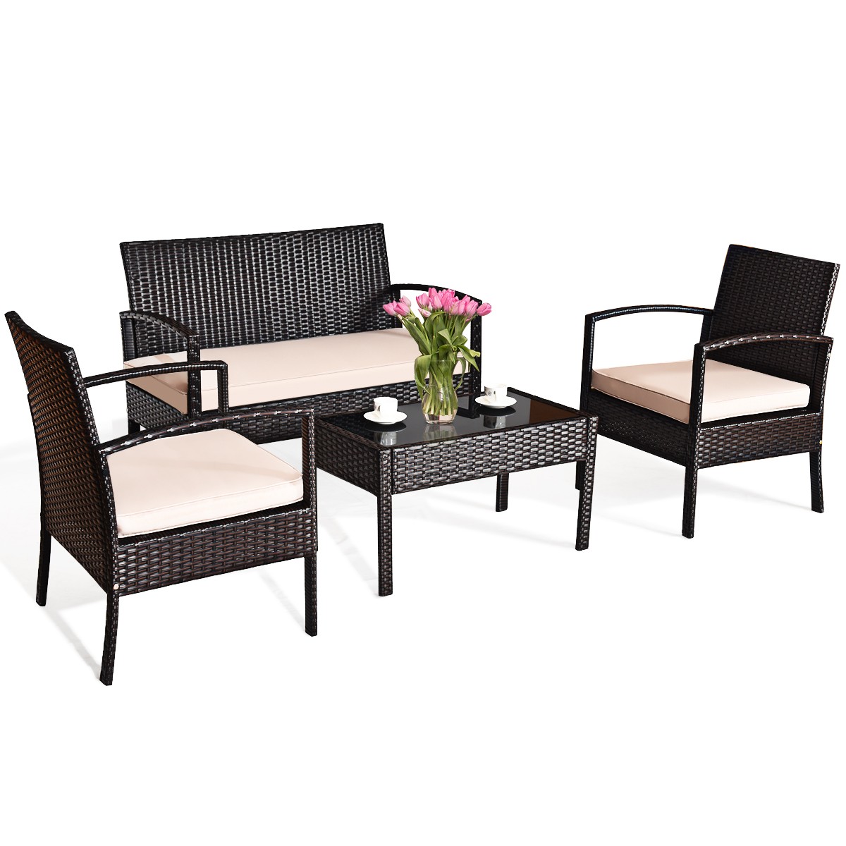 4 PCS Patio Rattan Conversation Furniture Set Cushioned Seat Glass Tabletop