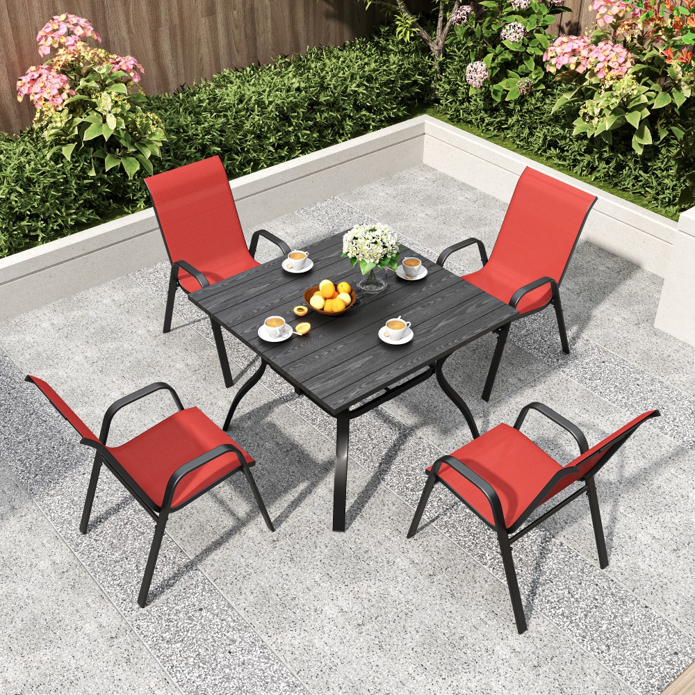 5Pc Outdoor Patio Dining Set with Umbrella Hole 4 Stack Chairs 350lbs Waterproof