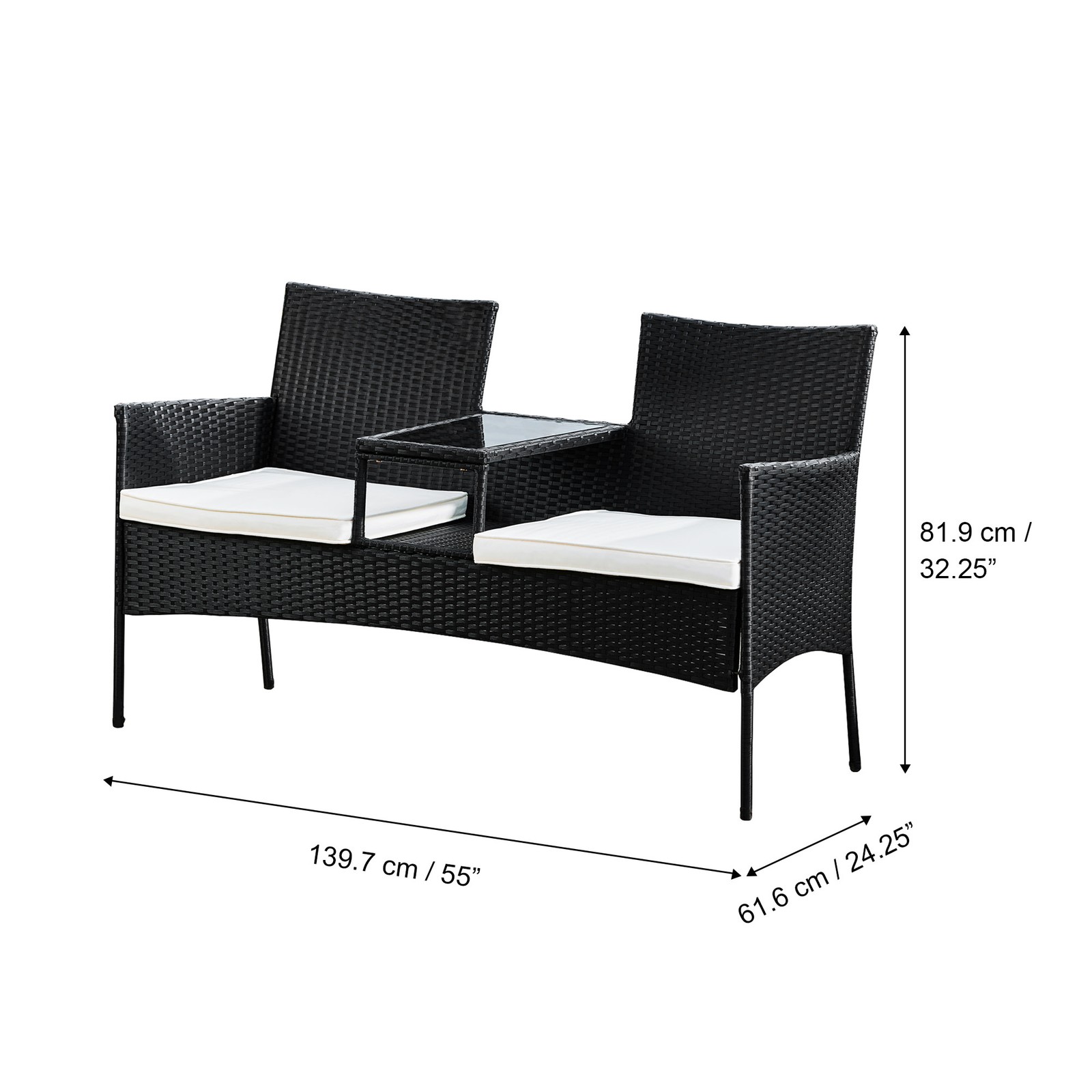 Teamson Home Outdoor Wicker Loveseat Bench with Table and Cushions, Black