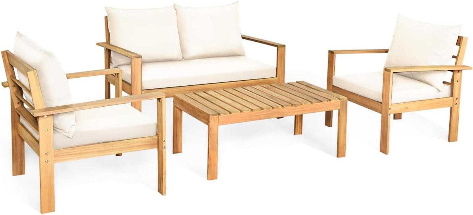 Acacia Wood 4-Piece Outdoor Chat Set with Water Resistant Cushions – White