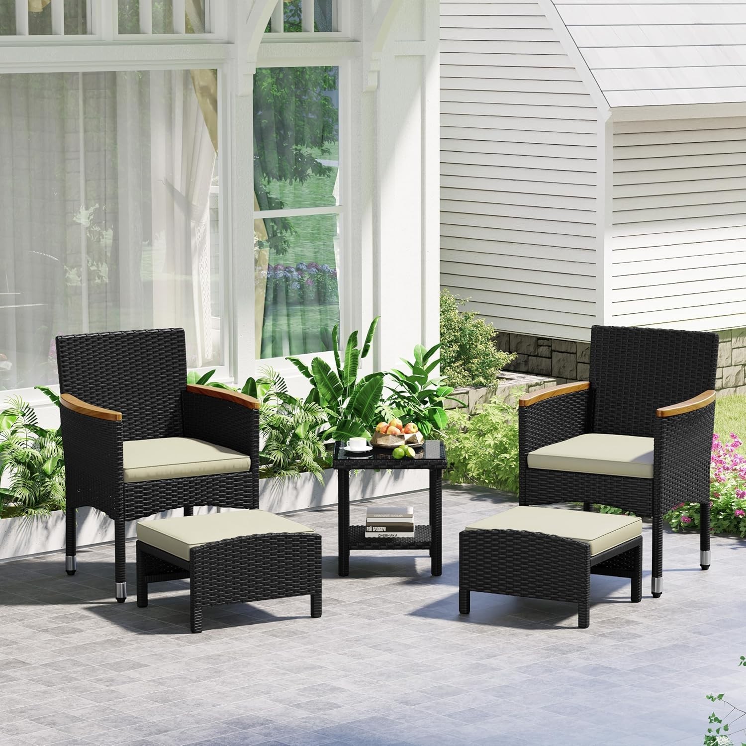 5 Piece Outdoor Table Chairs With Ottomans And Cushions Patio Pool Furniture Set