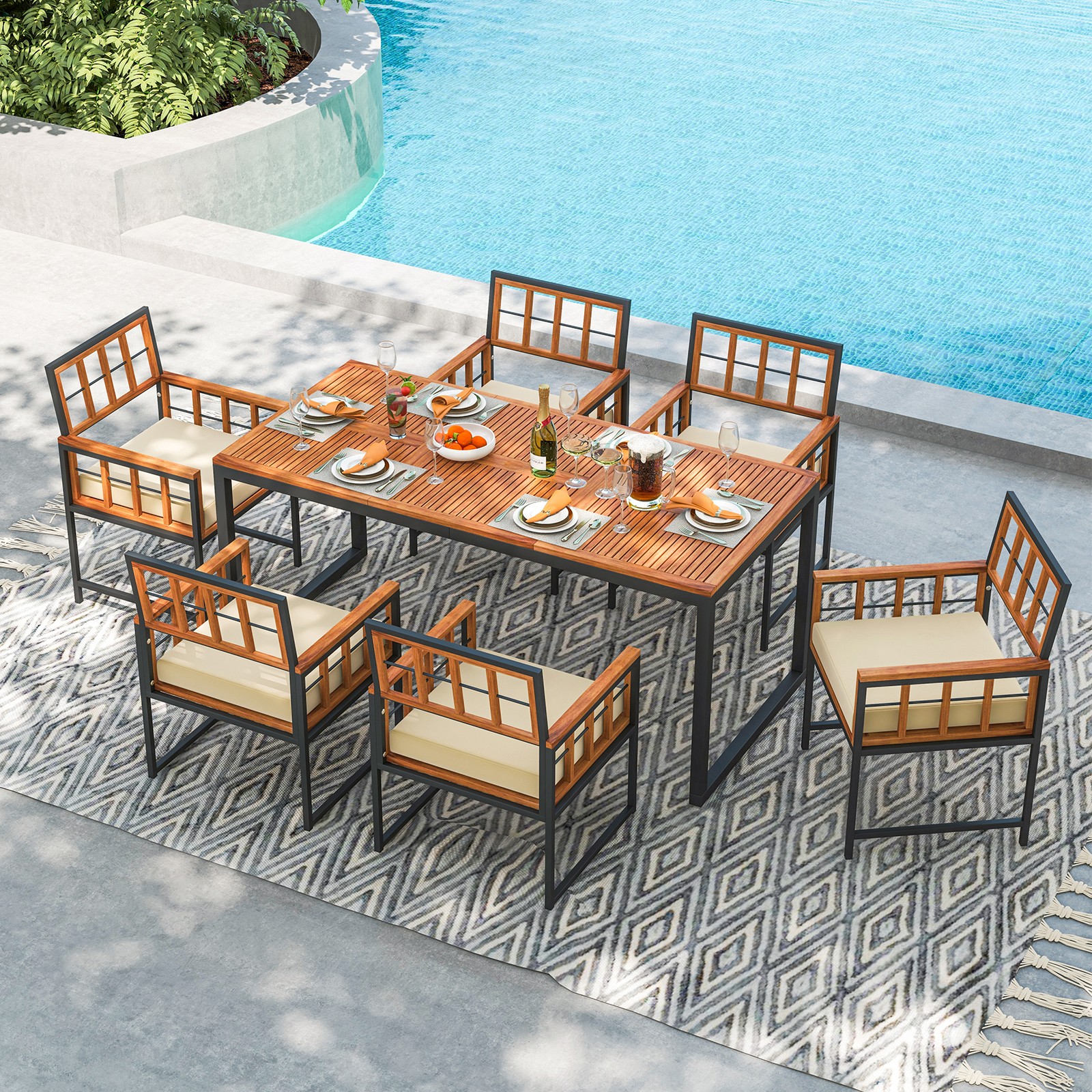 7Pcs Patio Acacia Wood Dining Set Soft Cushions Umbrella Hole Natural