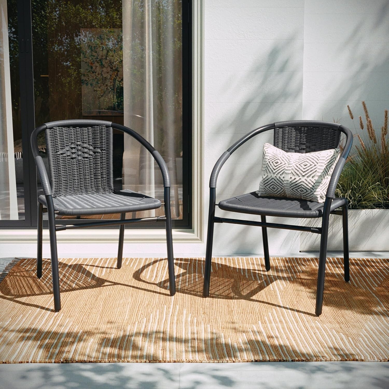 2 Pack Medium Brown Rattan Indoor-Outdoor Restaurant Stack Chair Curved Back