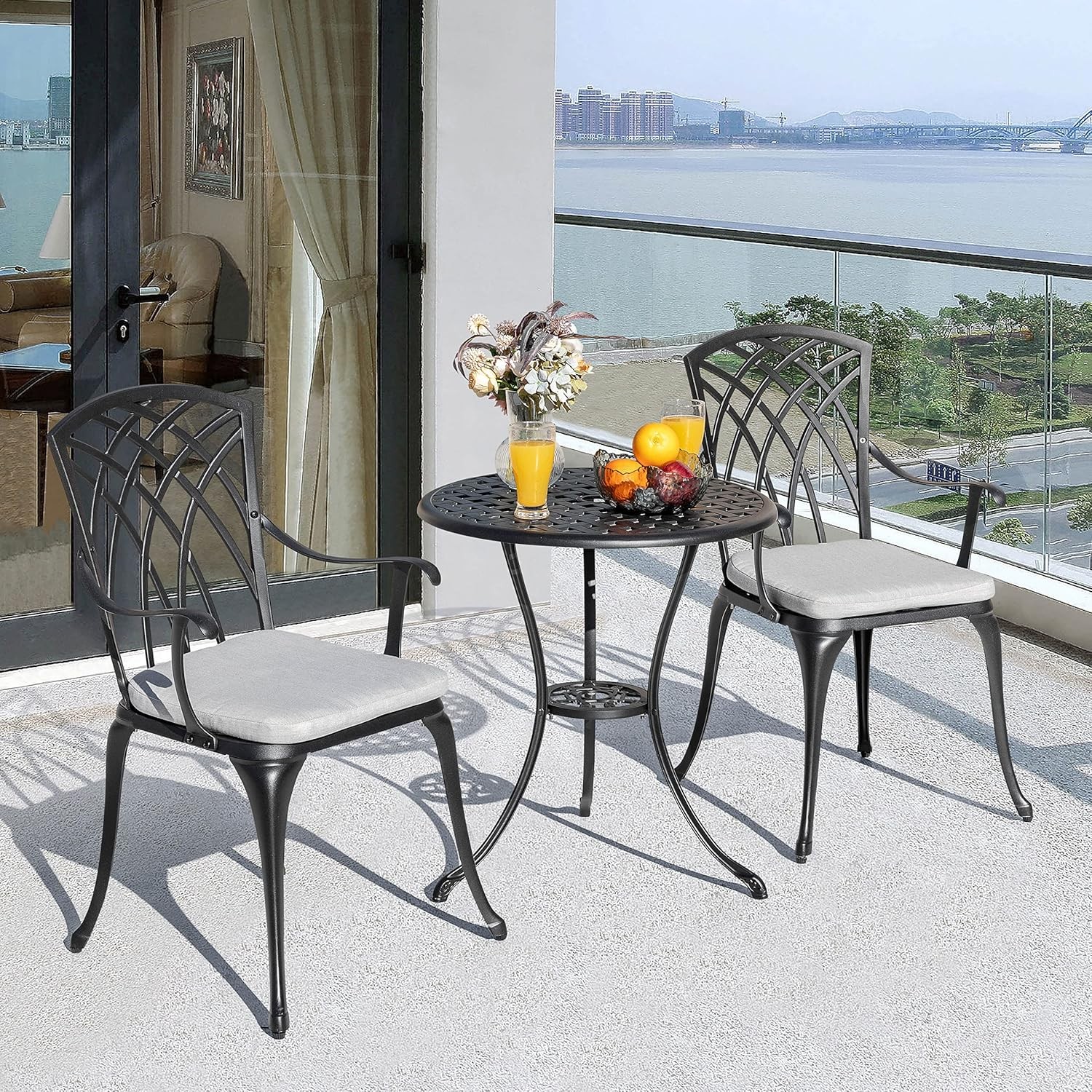Black NUU GARDEN 3PC Cast Aluminum Bistro Set Gray Cushions Umbrella Hole