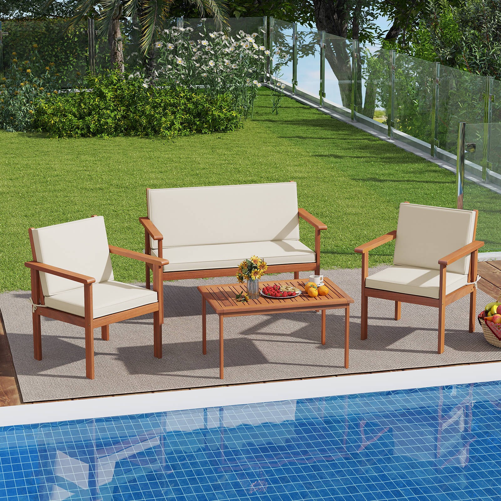 8 PCS Acacia Wood Conversation Set w/ Seat & Back Cushions Loveseat Armchairs