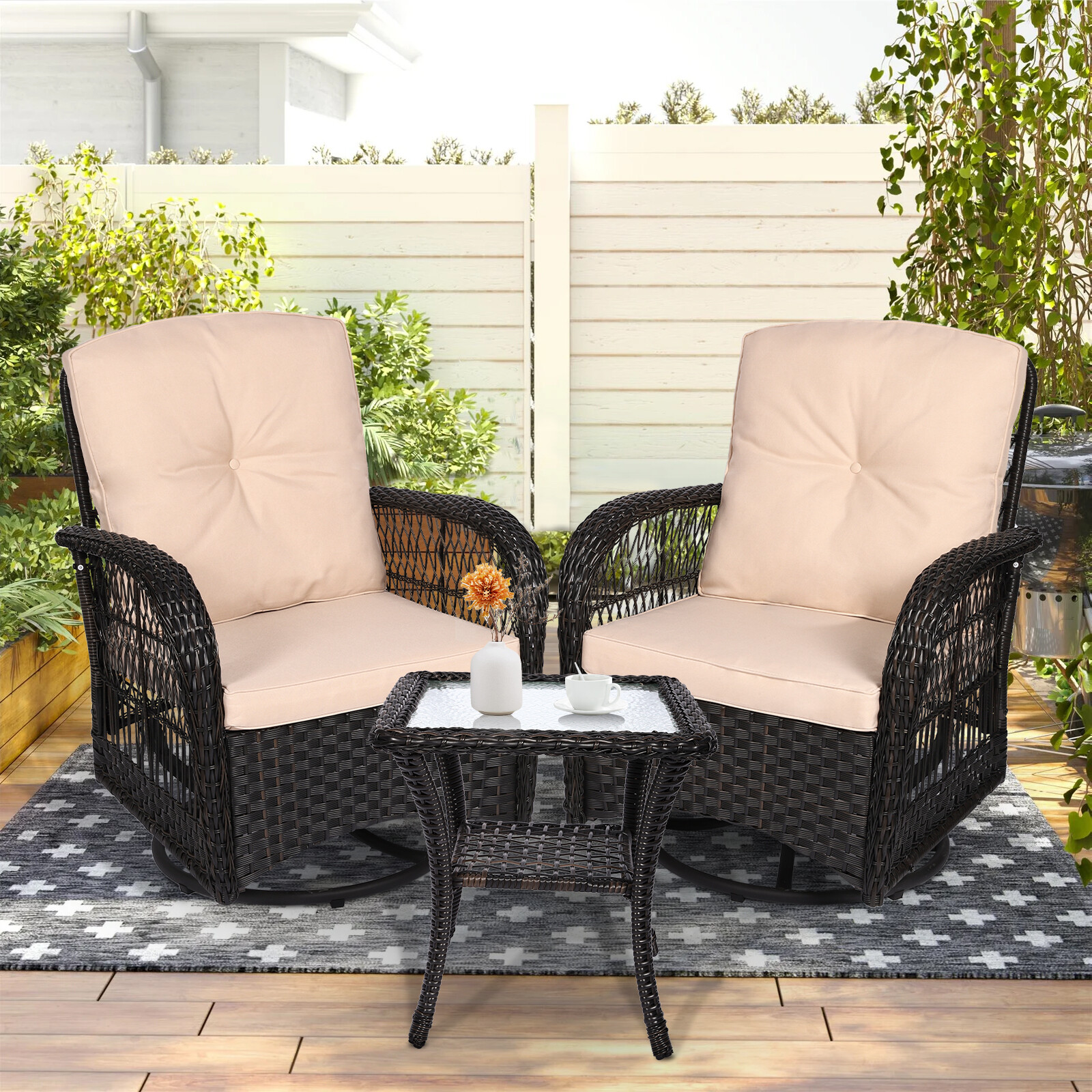 3PC Outdoor Swivel Glider Rocker Furniture Chair Patio Wicker Bistro Set w/Table