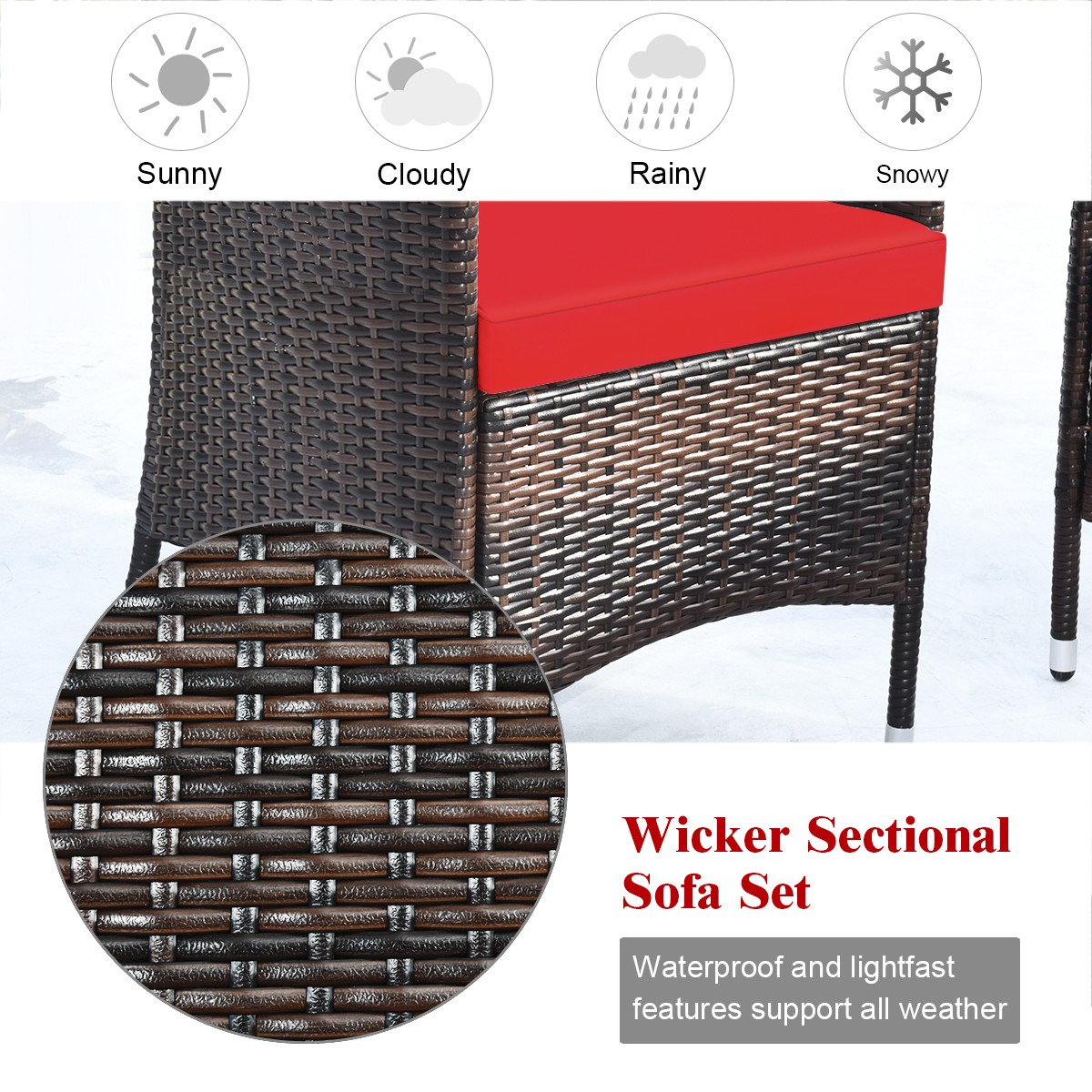 Patiojoy 8PCS Rattan Patio Furniture Set Cushioned Sofa Chair Coffee Table Red