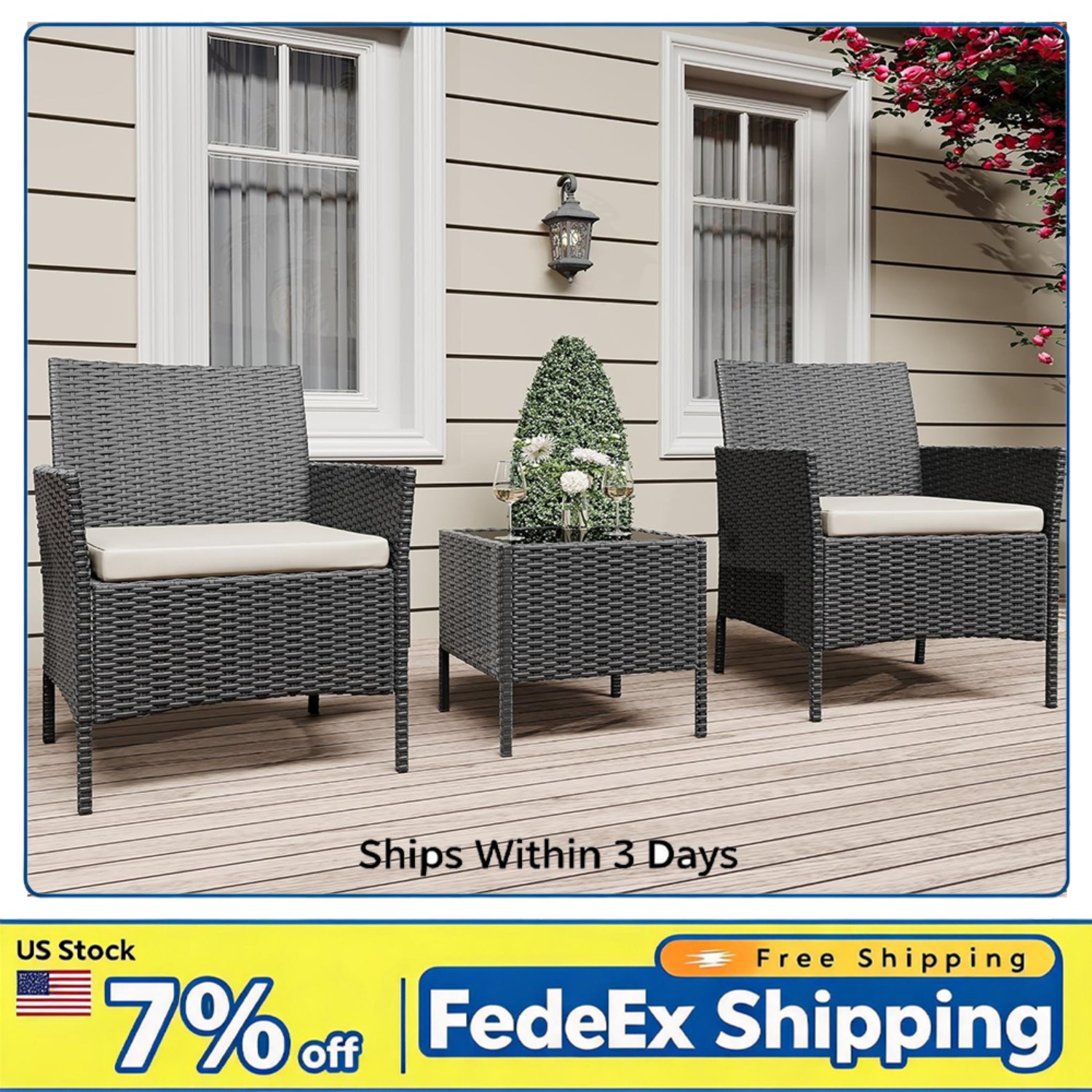 3 Piece Outdoor Rattan Chair Set w Cushion&Glass Table, Wicker Conversation Set